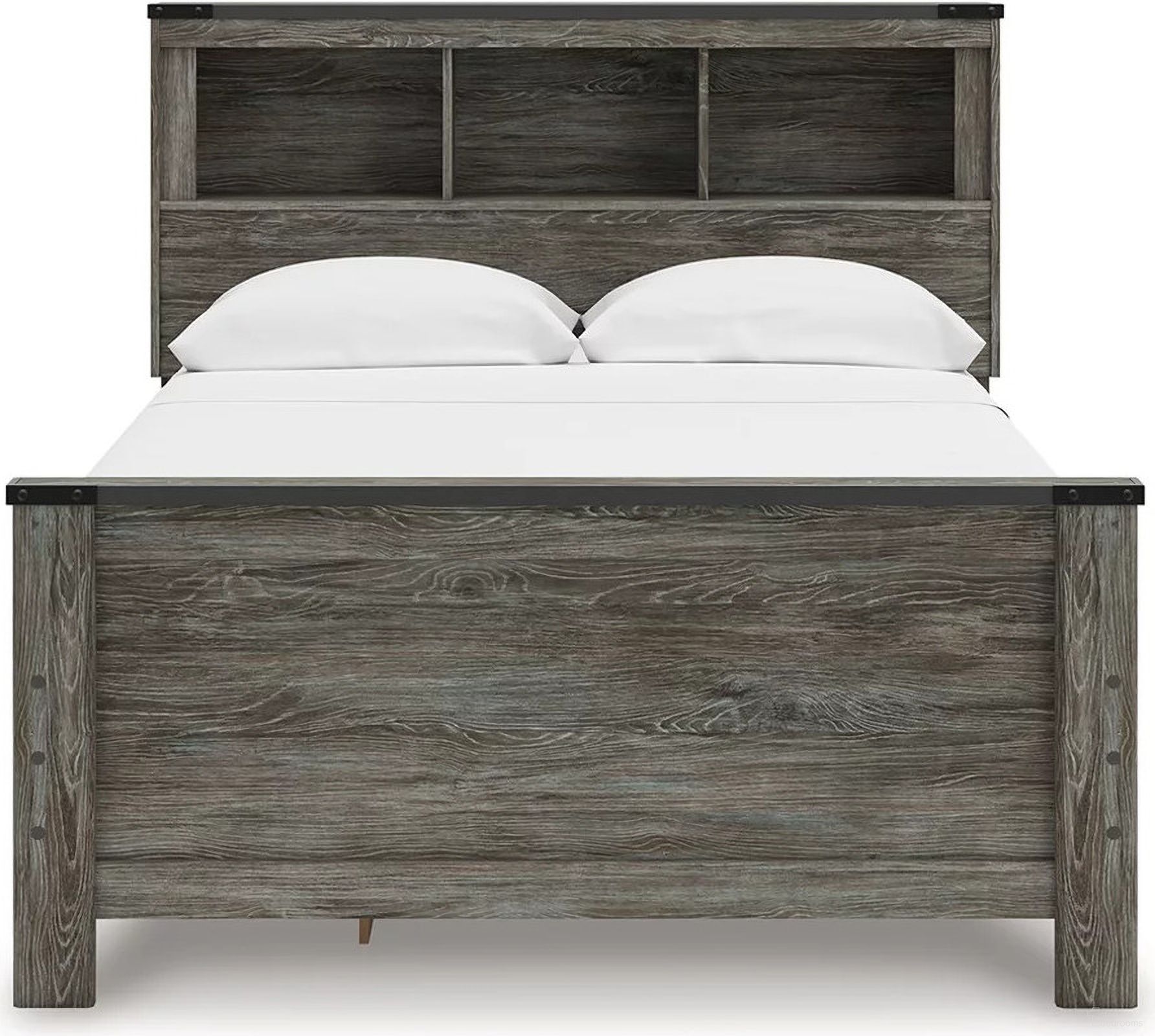 The appearance of Frandern Full Bookcase Panel Bed with Storage In Gray designed by Signature Design by Ashley in the transitional interior design. This gray piece of furniture  was selected by 1StopBedrooms from Frandern Collection to add a touch of cosiness and style into your home. Sku: B100-12;B4480-50;B4480-84;B4480-85. Bed Type: Panel Bed. Bed Size: Full.