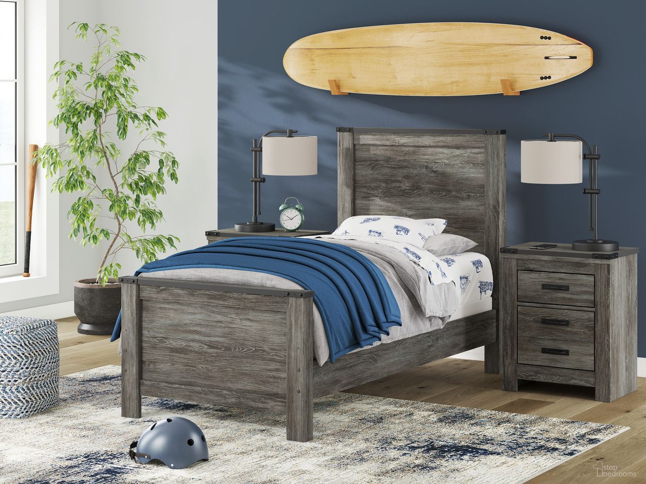 The appearance of Frandern Youth Panel Bedroom Set In Black and Gray designed by Signature Design by Ashley in the transitional interior design. This black and gray piece of furniture  was selected by 1StopBedrooms from Frandern Collection to add a touch of cosiness and style into your home. Sku: B4480-52;B4480-53;B4480-83;B4480-92. Material: Wood. Bed Size: Twin.