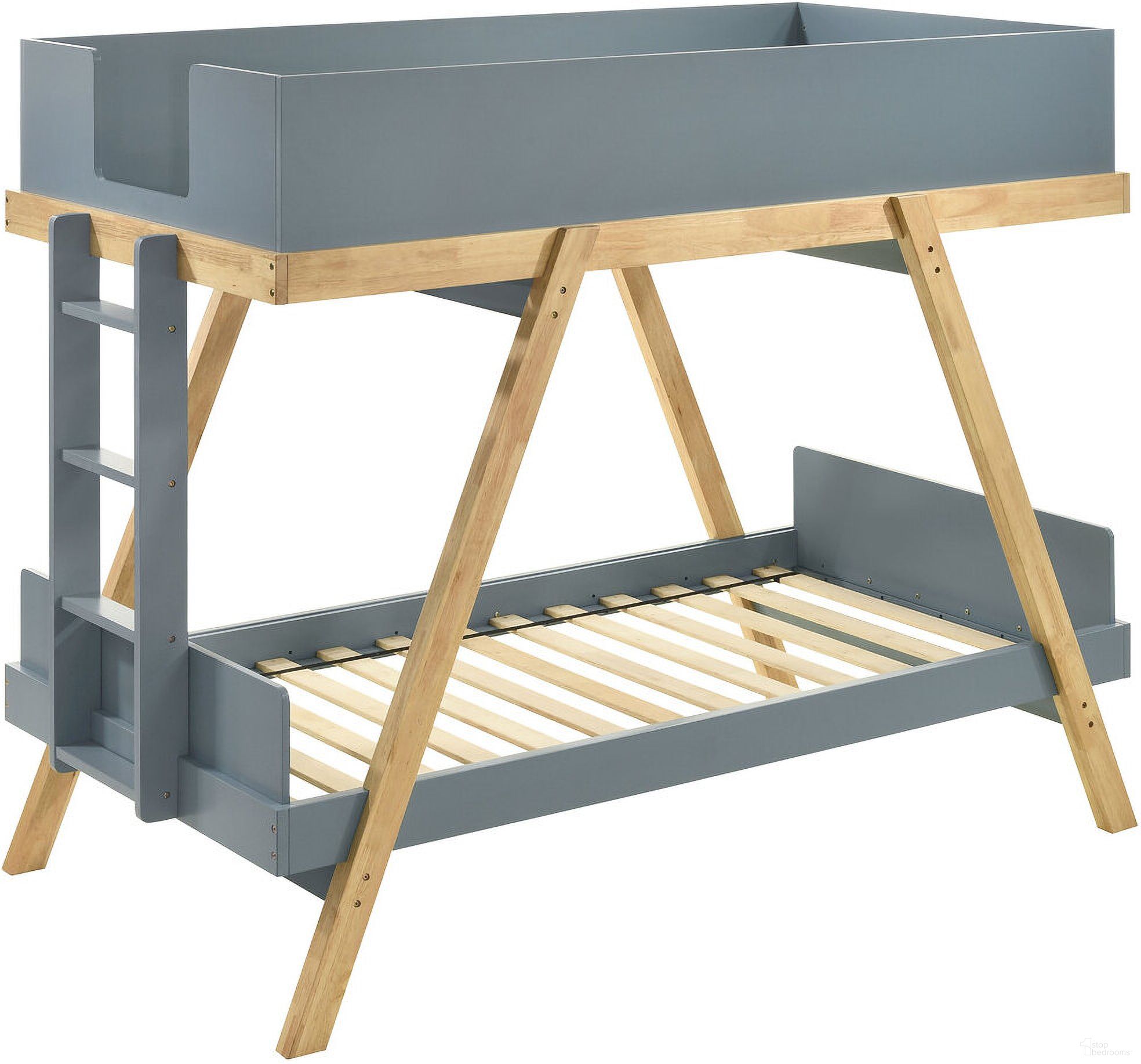 The appearance of Frankie Wood Twin Over Twin Bunk Bed Van Courtland Blue and Natural designed by Coaster in the transitional interior design. This blue piece of furniture was selected by 1StopBedrooms from Frankie Collection to add a touch of cosiness and style into your home. Sku: 460572TB1;460572TB2. Bed Type: Bunk Bed. Material: Wood. Bed Size: Twin Over Twin.