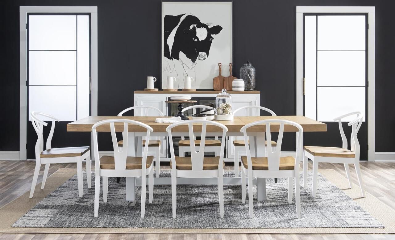 The appearance of Franklin Complete Trestle Dining Room Set In Harvest Oak and Natural White designed by Legacy Classic in the country / farmhouse interior design. This harvest oak and natural white piece of furniture was selected by 1StopBedrooms from Franklin Collection to add a touch of cosiness and style into your home. Sku: N1561-621T;N1561-621B;N1564-140. Table Top Shape: Rectangular. Material: Hardwood. Size: 98" x 42".