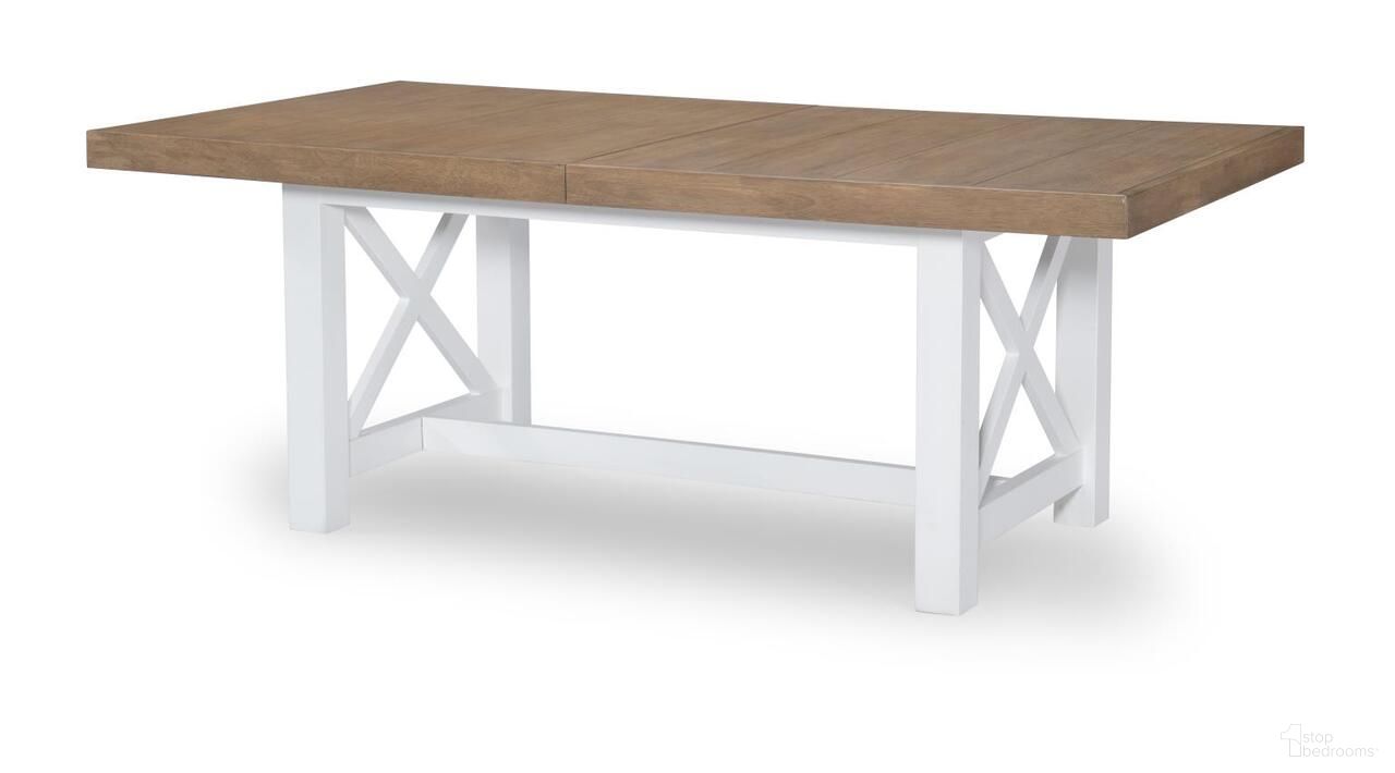 The appearance of Franklin Complete Trestle Table In Harvest Oak and Natural White designed by Legacy Classic in the country / farmhouse interior design. This harvest oak and natural white piece of furniture was selected by 1StopBedrooms from Franklin Collection to add a touch of cosiness and style into your home. Sku: N1561-621T;N1561-621B. Table Base Style: Double Pedestal. Table Top Shape: Rectangular. Material: Hardwood. Size: 98" x 42".