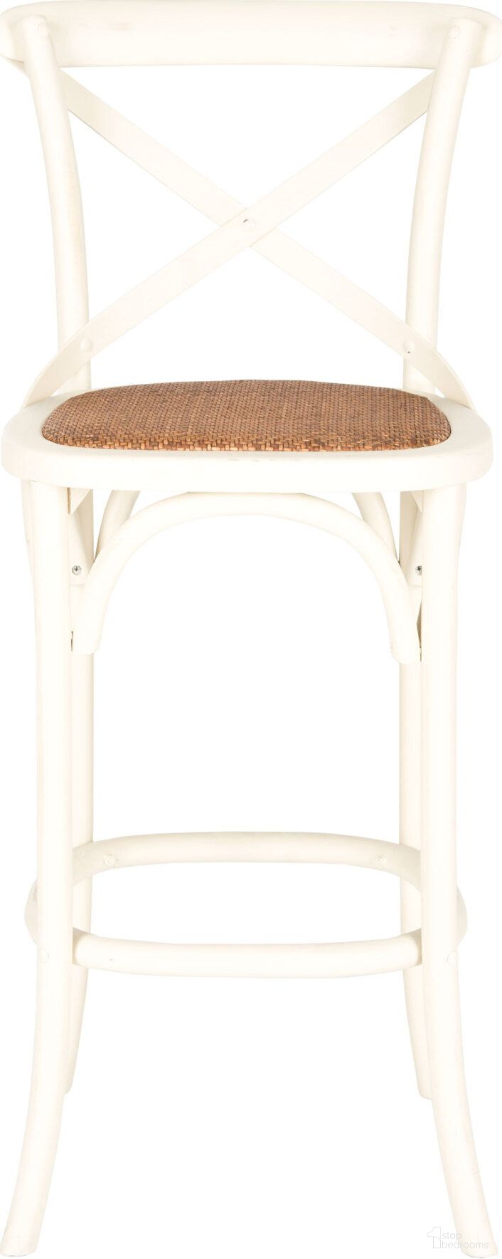 The appearance of Franklin Ivory and Medium Brown X-Back Bar Stool designed by Safavieh in the transitional interior design. This antique white piece of furniture was selected by 1StopBedrooms from Franklin Collection to add a touch of cosiness and style into your home. Sku: AMH9502A. Material: Wood.