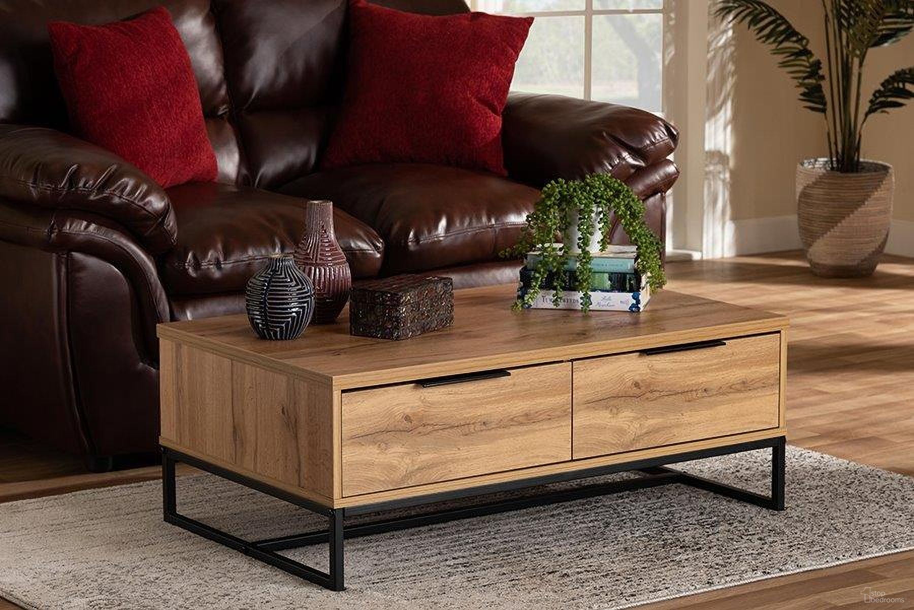 Franklin Modern and Contemporary Oak Brown Wood and Black Finished Metal 2-Drawer Coffee Table
