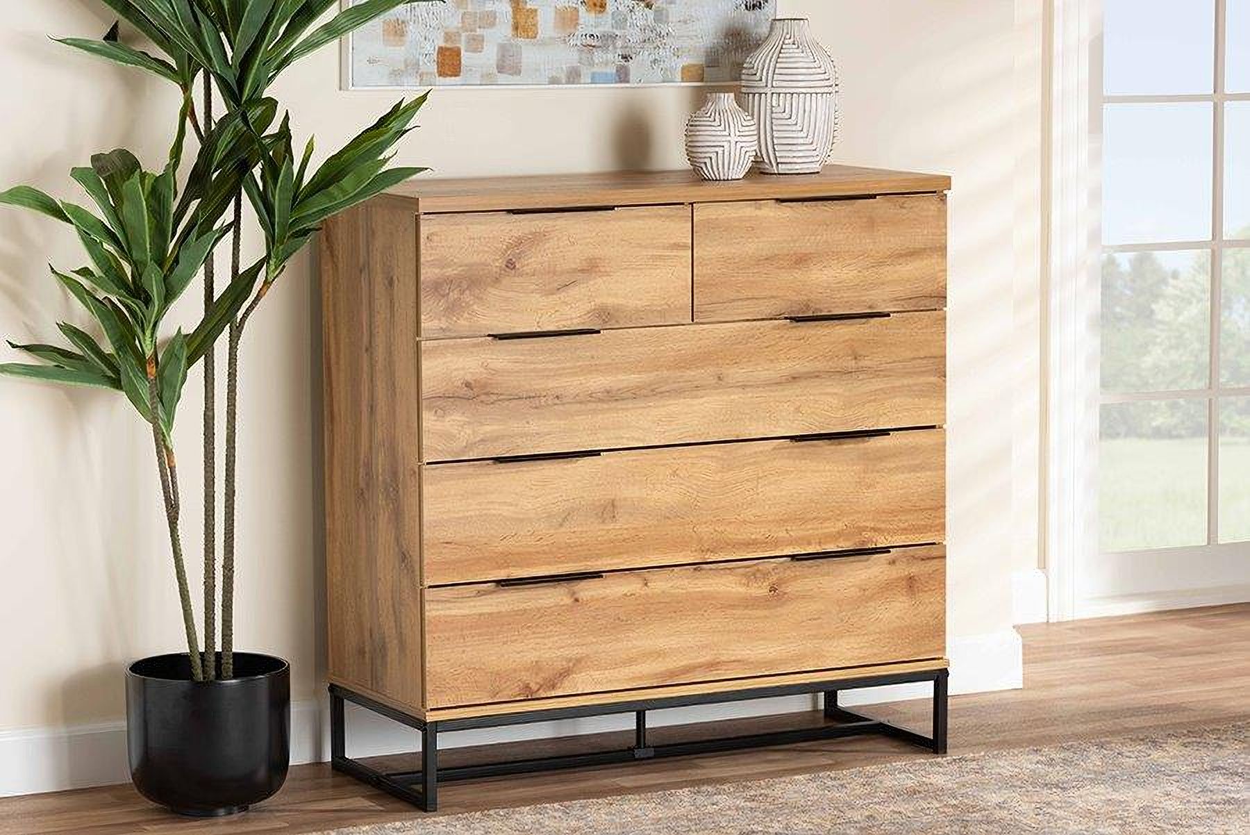 Franklin Modern and Contemporary Oak Brown Wood and Black Finished Metal 5-Drawer Bedroom Chest