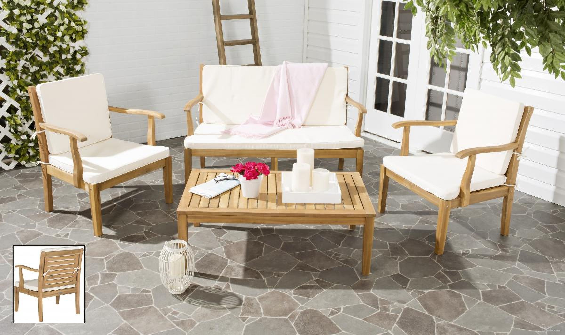 The appearance of Franklin Teak Brown and Beige 4-Piece Outdoor Living Set designed by Safavieh in the transitional interior design. This beige piece of furniture was selected by 1StopBedrooms from Franklin Collection to add a touch of cosiness and style into your home. Sku: PAT6711A. Material: Steel.