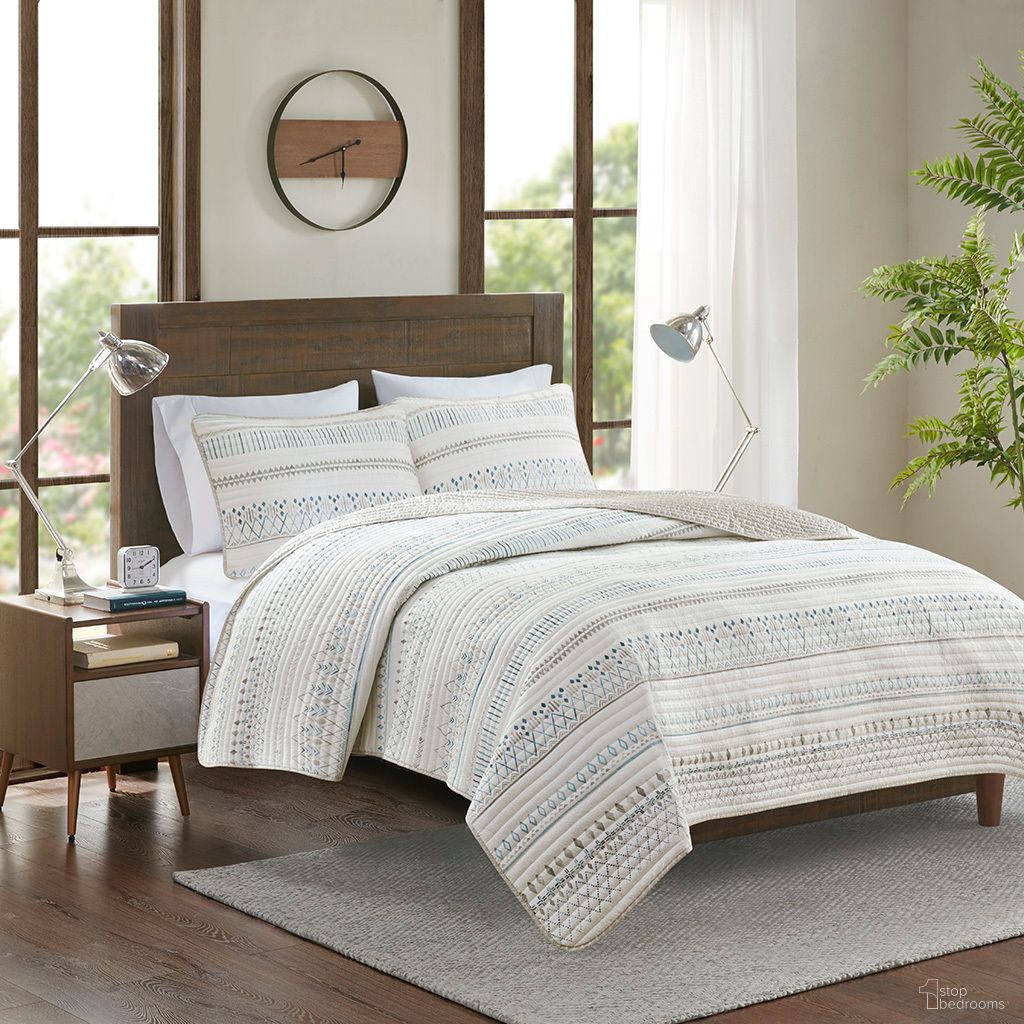 Fraser 3 Piece Printed Microfiber Seersucker King/Cal King Quilt Set In Taupe and Blue