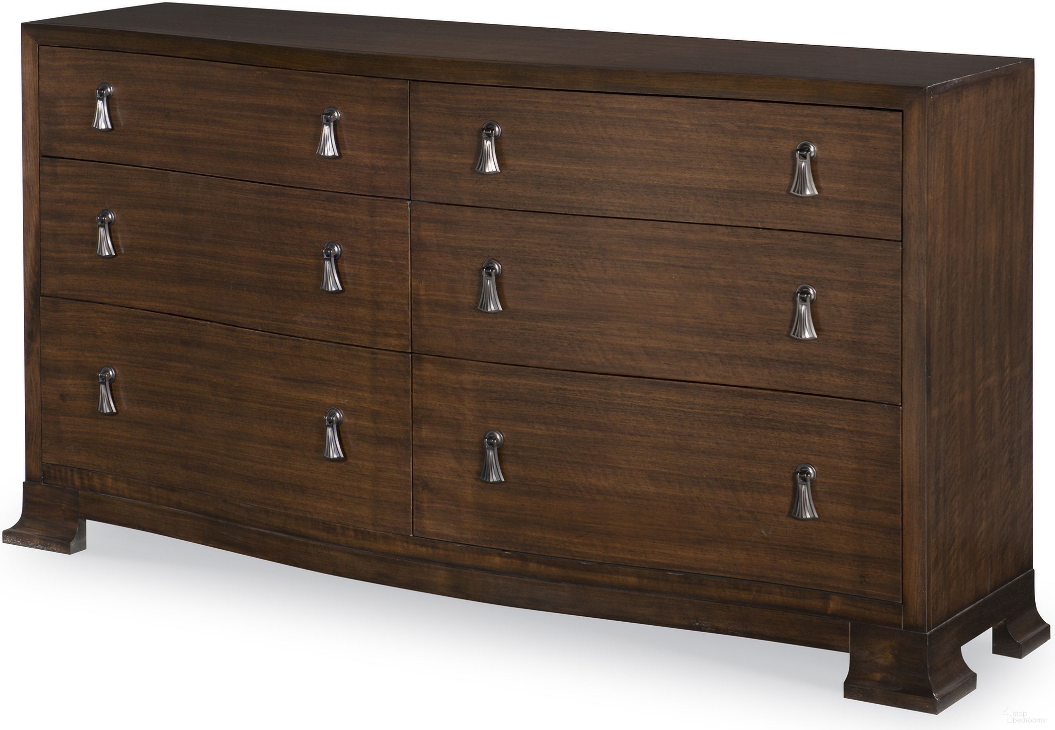 The appearance of Frasier Serpentine Dresser In Brunette designed by Century Furniture in the modern / contemporary interior design. This brunette piece of furniture  was selected by 1StopBedrooms from Citation Collection to add a touch of cosiness and style into your home. Sku: B1H-205. Material: Walnut Veneer.