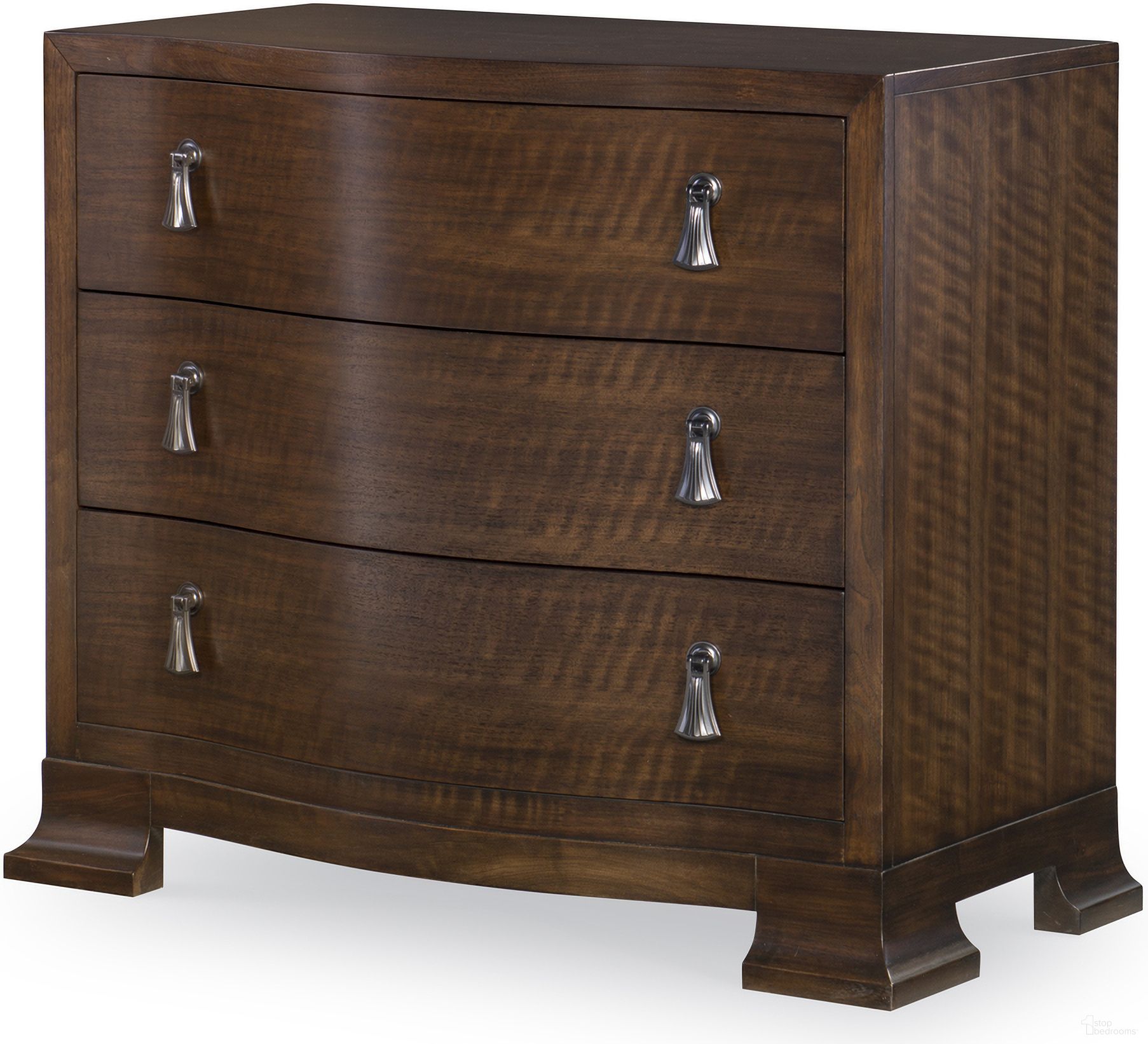 The appearance of Frasier Serpentine Nightstand In Brunette designed by Century Furniture in the modern / contemporary interior design. This brunette piece of furniture  was selected by 1StopBedrooms from Citation Collection to add a touch of cosiness and style into your home. Sku: B1H-223. Material: Walnut Veneer.
