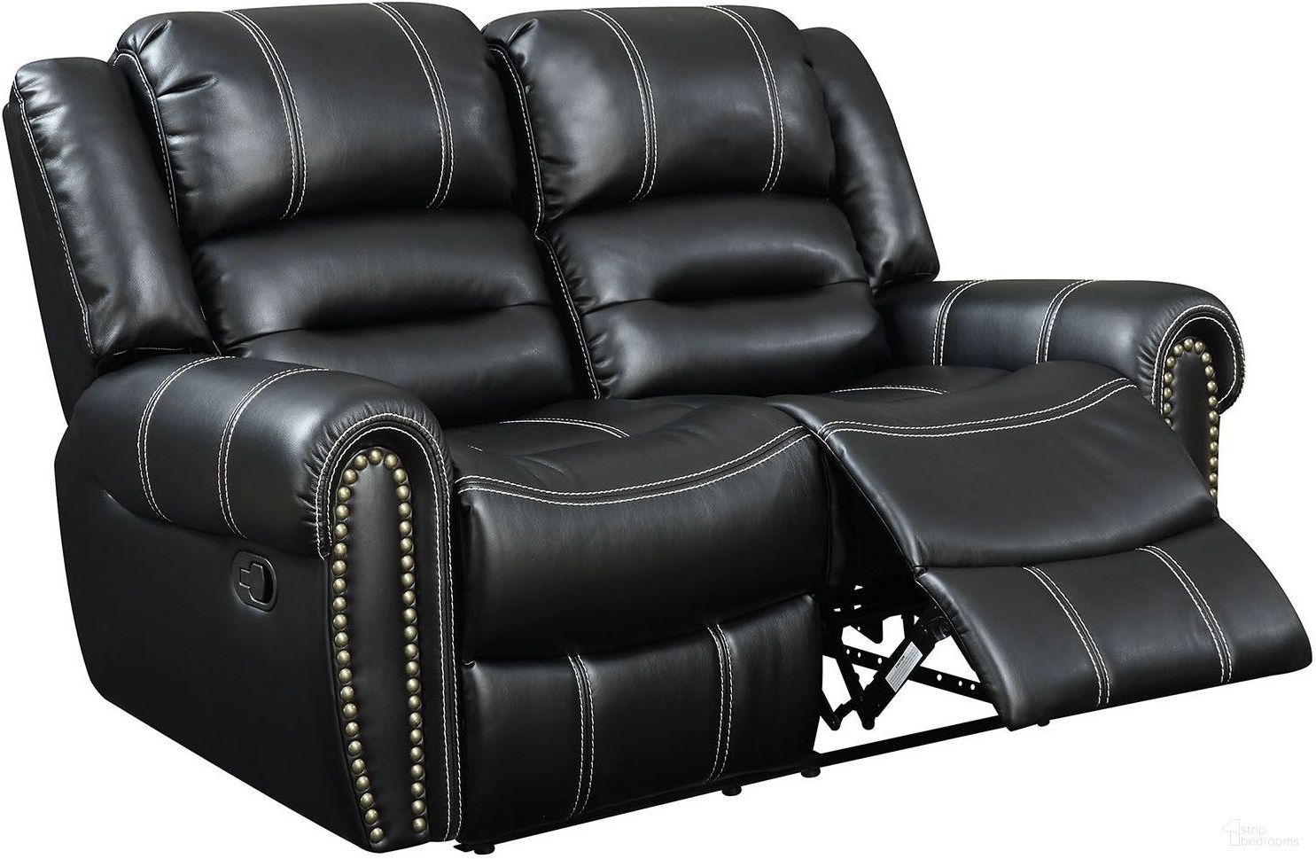 The appearance of Frederick Black Reclining Loveseat designed by Furniture of America in the modern / contemporary interior design. This black piece of furniture was selected by 1StopBedrooms from Frederick Collection to add a touch of cosiness and style into your home. Sku: CM6130LV. Material: Bonded Leather. Key Features: Nailhead Trim.