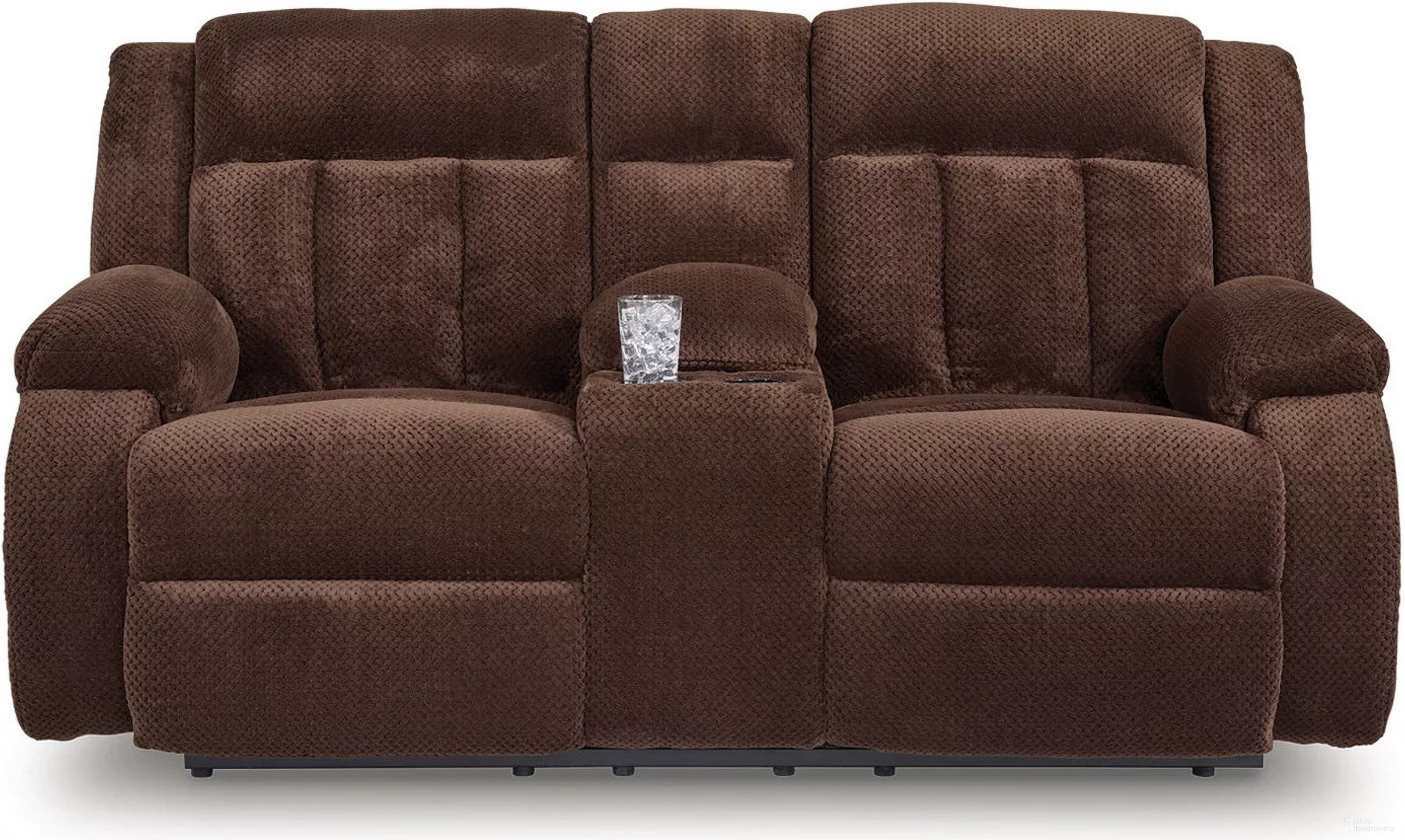 The appearance of Free Wake Power Reclining Loveseat with Console In Chocolate designed by Signature Design by Ashley in the modern / contemporary interior design. This chocolate piece of furniture  was selected by 1StopBedrooms from Free Wake Collection to add a touch of cosiness and style into your home. Sku: NC2140696. Material: Fabric.