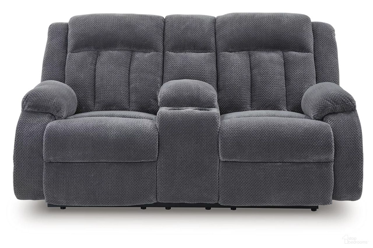 The appearance of Free Wake Power Reclining Loveseat with Console In Steel designed by Signature Design by Ashley in the modern / contemporary interior design. This steel piece of furniture was selected by 1StopBedrooms from Free Wake Collection to add a touch of cosiness and style into your home. Sku: NC2140596. Material: Polyester.