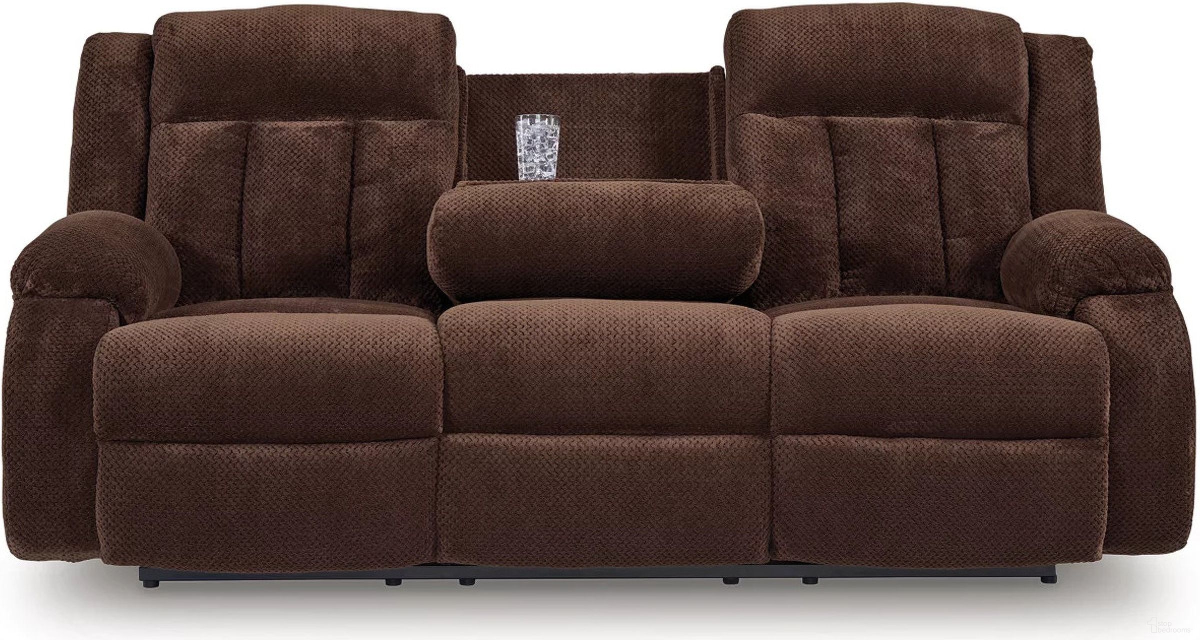 The appearance of Free Wake Power Reclining Sofa with Drop Down Table In Chocolate designed by Signature Design by Ashley in the modern / contemporary interior design. This chocolate piece of furniture was selected by 1StopBedrooms from Free Wake Collection to add a touch of cosiness and style into your home. Sku: NC2140699. Material: Fabric.