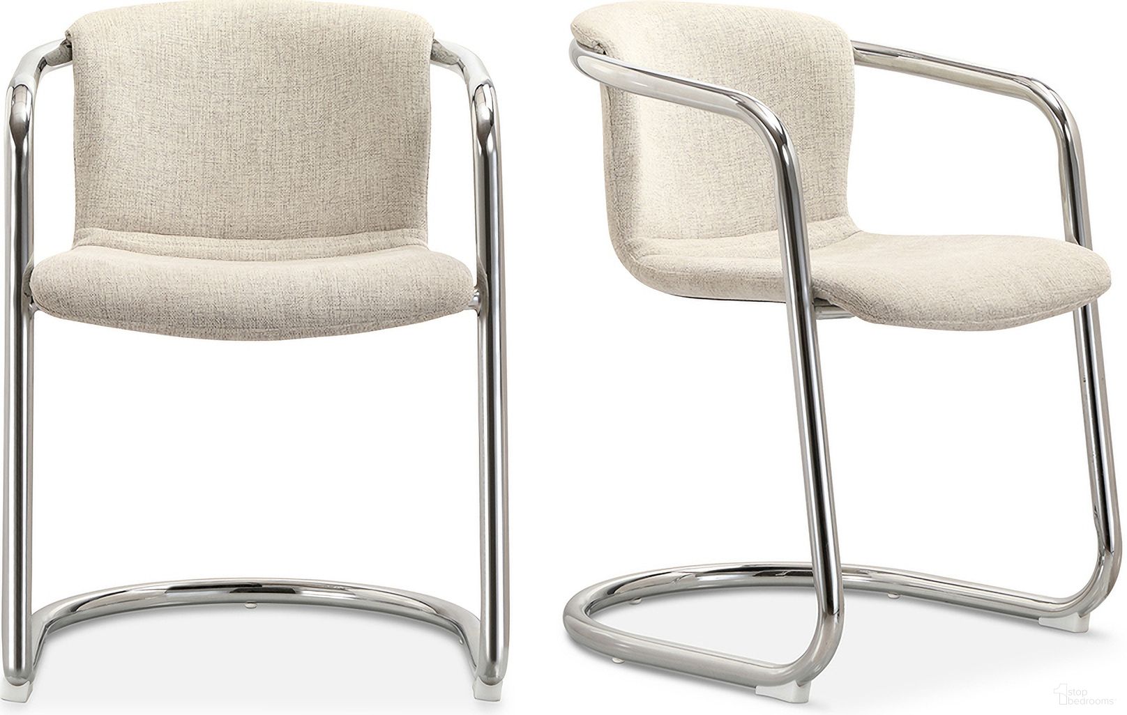 The appearance of Freeman Chrome Frame Dining Chair Set of 2 In Blended Cream designed by Moes Home in the industrial interior design. This cream piece of furniture  was selected by 1StopBedrooms from Freeman Collection to add a touch of cosiness and style into your home. Sku: PK-1114-37. Material: Polyester. Chair Type: Arm Chair.
