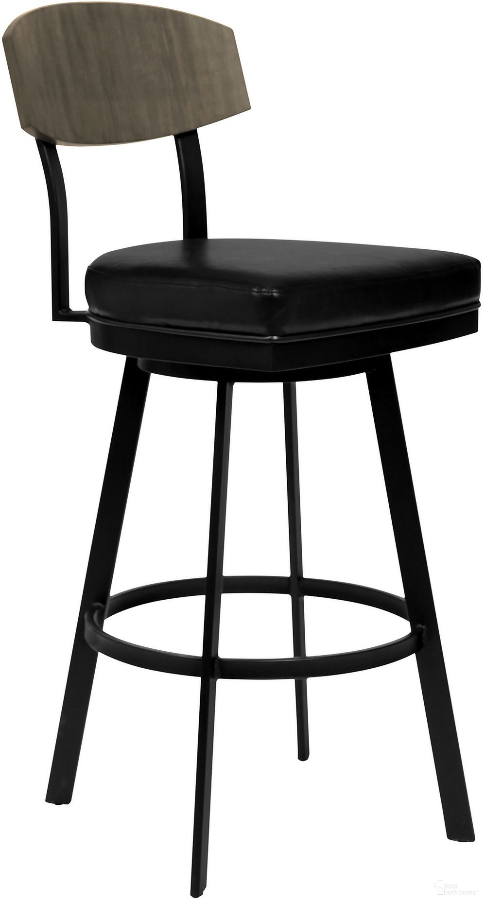 Frisco 26 Inch Counter Height Barstool In Matte Black Finish with Black Faux Leather and Gray Walnut