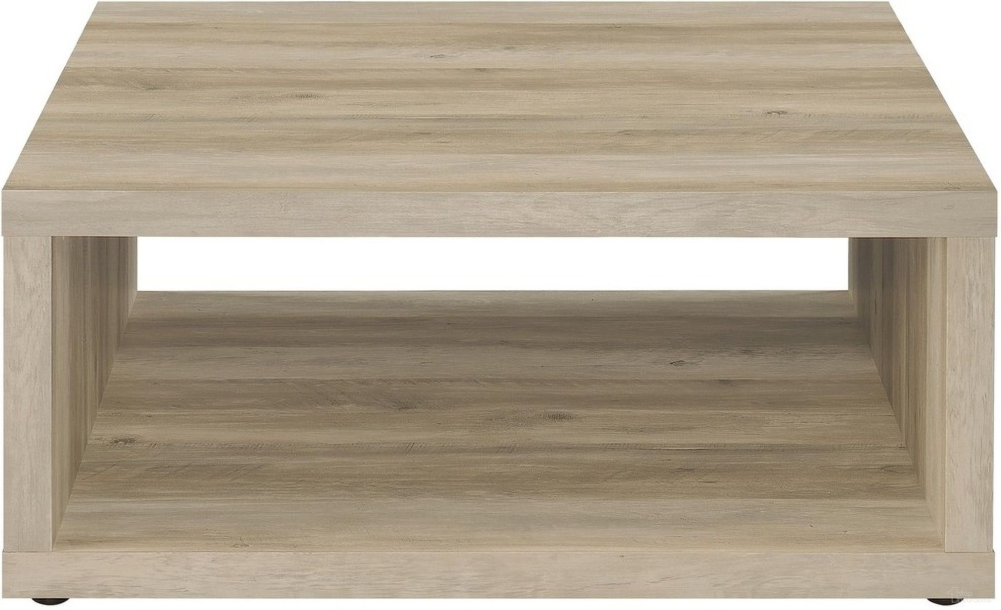 The appearance of Frisco Square Engineered Wood Coffee Table In Distressed Pine designed by Coaster in the country / farmhouse interior design. This distressed pine piece of furniture  was selected by 1StopBedrooms from Frisco Collection to add a touch of cosiness and style into your home. Sku: 710518. Material: MDF.