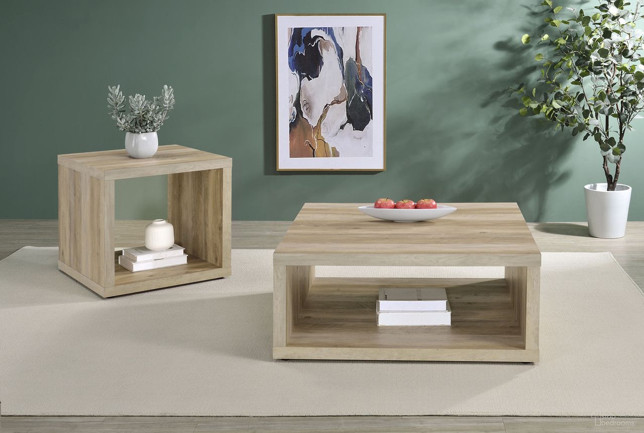The appearance of Frisco Square Engineered Wood Occasional Table Set In Distressed Pine designed by Coaster in the country / farmhouse interior design. This distressed pine piece of furniture  was selected by 1StopBedrooms from Frisco Collection to add a touch of cosiness and style into your home. Sku: 710518;710517. Material: Engineered Wood.
