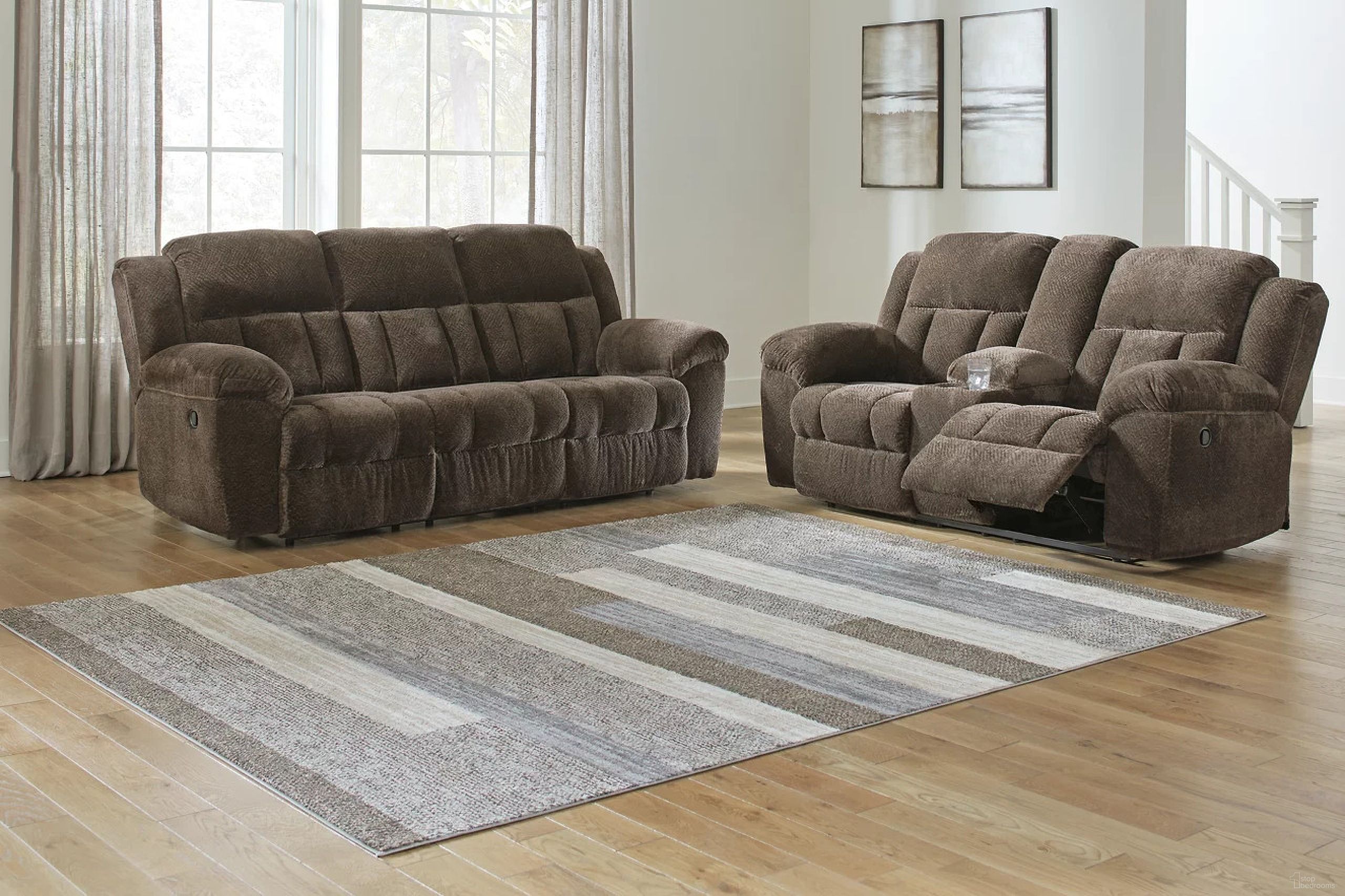 The appearance of Frohn Reclining Living Room Set In Chocolate designed by Signature Design by Ashley in the modern / contemporary interior design. This chocolate piece of furniture  was selected by 1StopBedrooms from Frohn Collection to add a touch of cosiness and style into your home. Sku: 3740788;3740794. Material: Fabric.