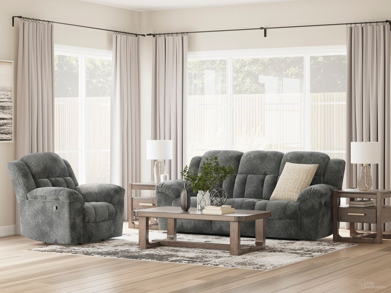 The appearance of Frohn Reclining Living Room Set In Graphite designed by Signature Design by Ashley in the modern / contemporary interior design. This graphite piece of furniture was selected by 1StopBedrooms from Frohn Collection to add a touch of cosiness and style into your home. Sku: 3740688;3740694. Material: Fabric.