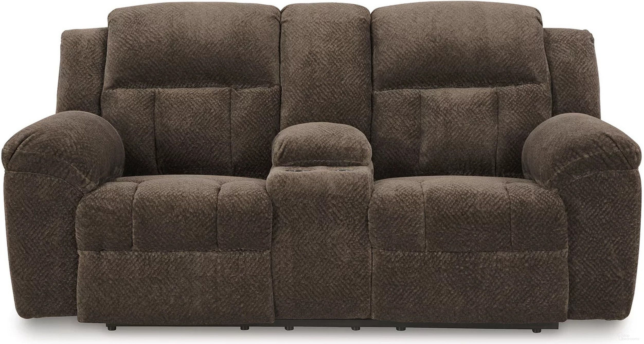 The appearance of Frohn Reclining Loveseat with Console In Chocolate designed by Signature Design by Ashley in the modern / contemporary interior design. This chocolate piece of furniture was selected by 1StopBedrooms from Frohn Collection to add a touch of cosiness and style into your home. Sku: 3740794. Material: Fabric.