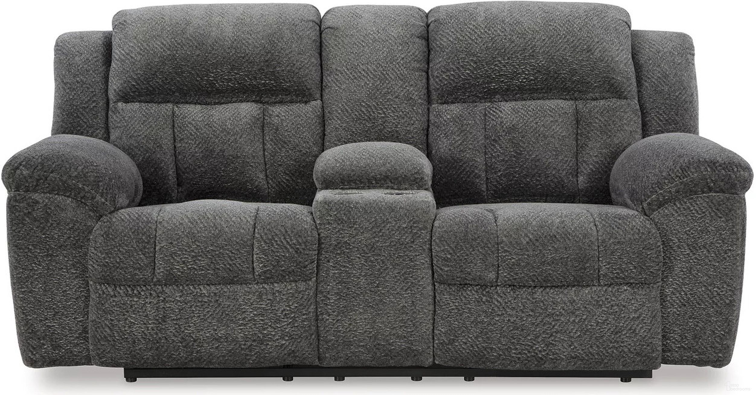 The appearance of Frohn Reclining Loveseat with Console In Graphite designed by Signature Design by Ashley in the modern / contemporary interior design. This graphite piece of furniture was selected by 1StopBedrooms from Frohn Collection to add a touch of cosiness and style into your home. Sku: 3740694. Material: Fabric.
