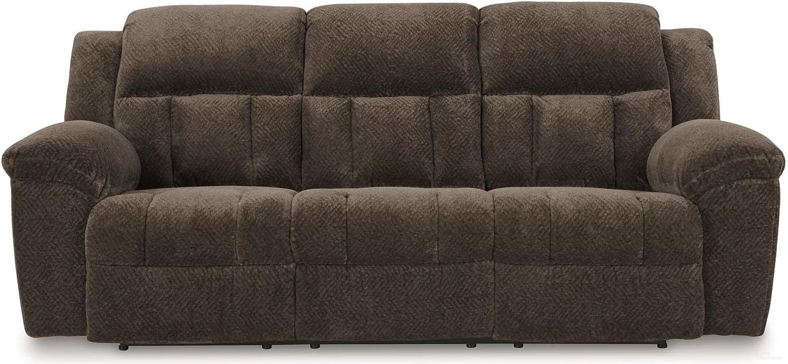 The appearance of Frohn Reclining Sofa In Chocolate designed by Signature Design by Ashley in the modern / contemporary interior design. This chocolate piece of furniture was selected by 1StopBedrooms from Frohn Collection to add a touch of cosiness and style into your home. Sku: 3740788. Material: Fabric.