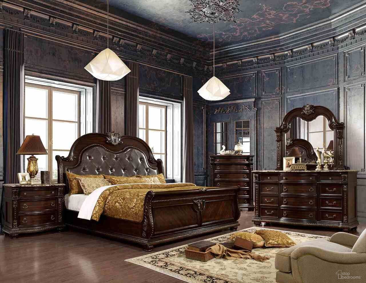 The appearance of Fromberg Queen Bed In Brown Cherry designed by Furniture of America in the traditional interior design. This brown cherry piece of furniture  was selected by 1StopBedrooms from Fromberg Collection to add a touch of cosiness and style into your home. Sku: FM7670Q-1;FM7670Q-2;FM7670Q-3;FM7670Q-4. Material: Leather. Bed Size: Queen.