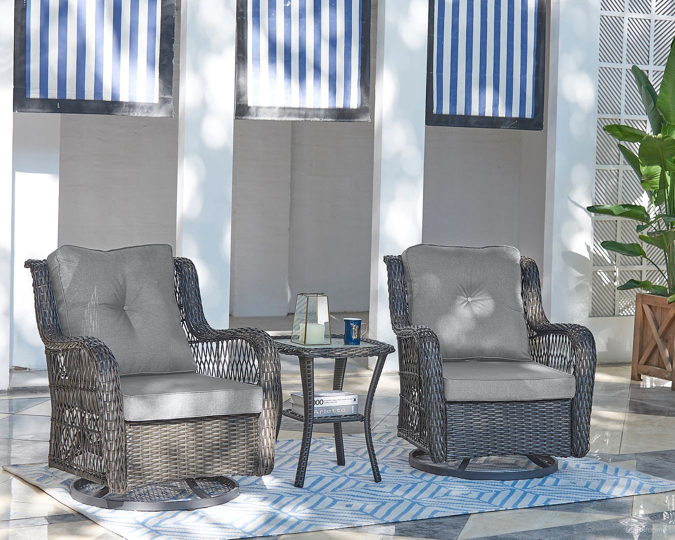 The appearance of Fruttuo Swivel Steel Rattan 3-Piece Patio Conversation Set With Cushions In Grey designed by Manhattan Comfort in the traditional interior design. This grey piece of furniture was selected by 1StopBedrooms from Fruttuo Collection to add a touch of cosiness and style into your home. Sku: OD-CV018-GY. Material: Steel.