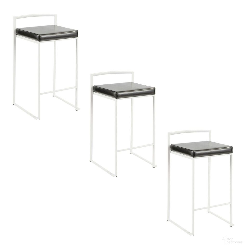 Fuji 26 Inch Faux Leather Cushion Stackable Counter Stool Set of 3 In White and Black