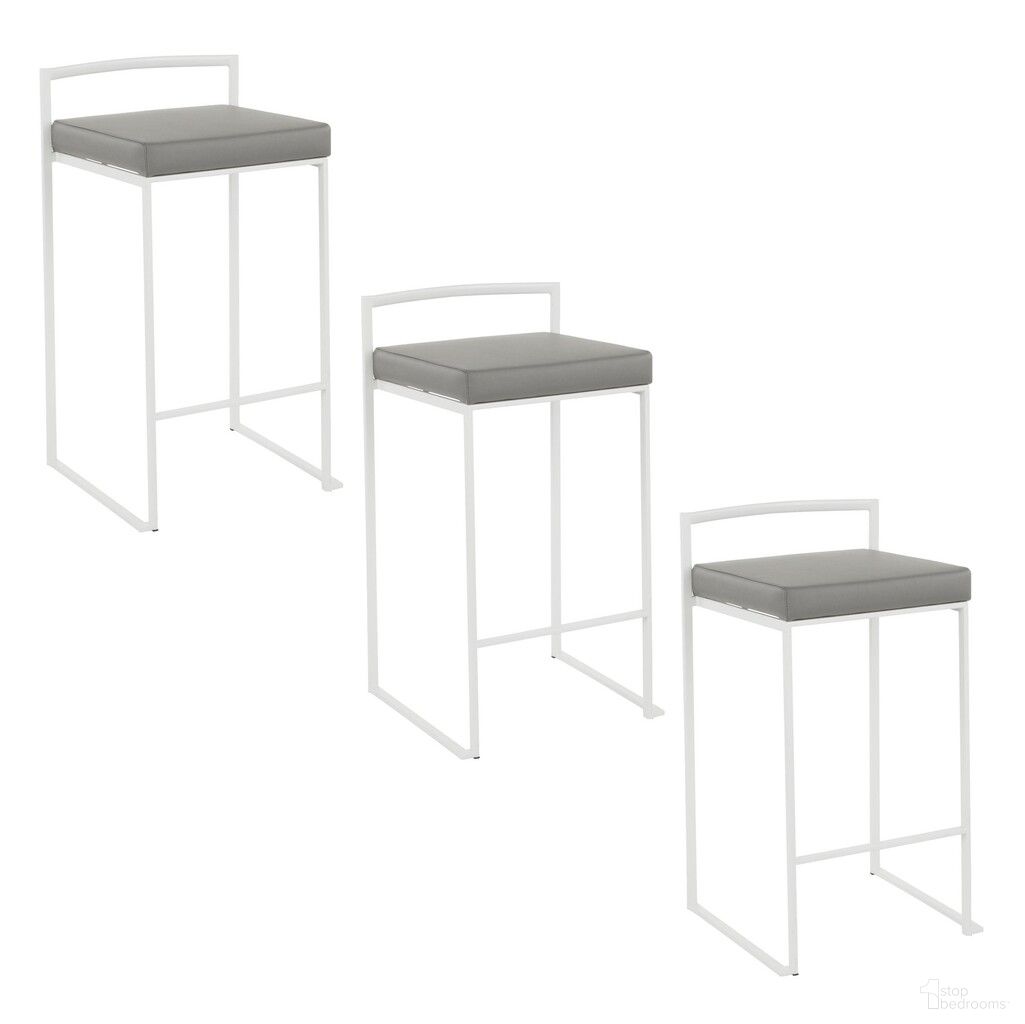 Fuji 26 Inch Faux Leather Cushion Stackable Counter Stool Set of 3 In White and Grey