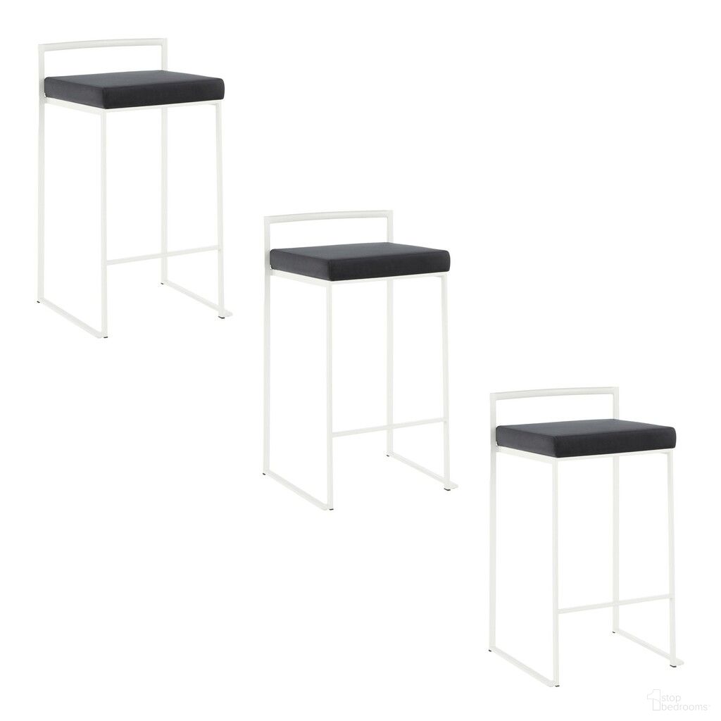 Fuji 26 Inch Velvet Cushion Stackable Counter Stool Set of 3 In White and Black