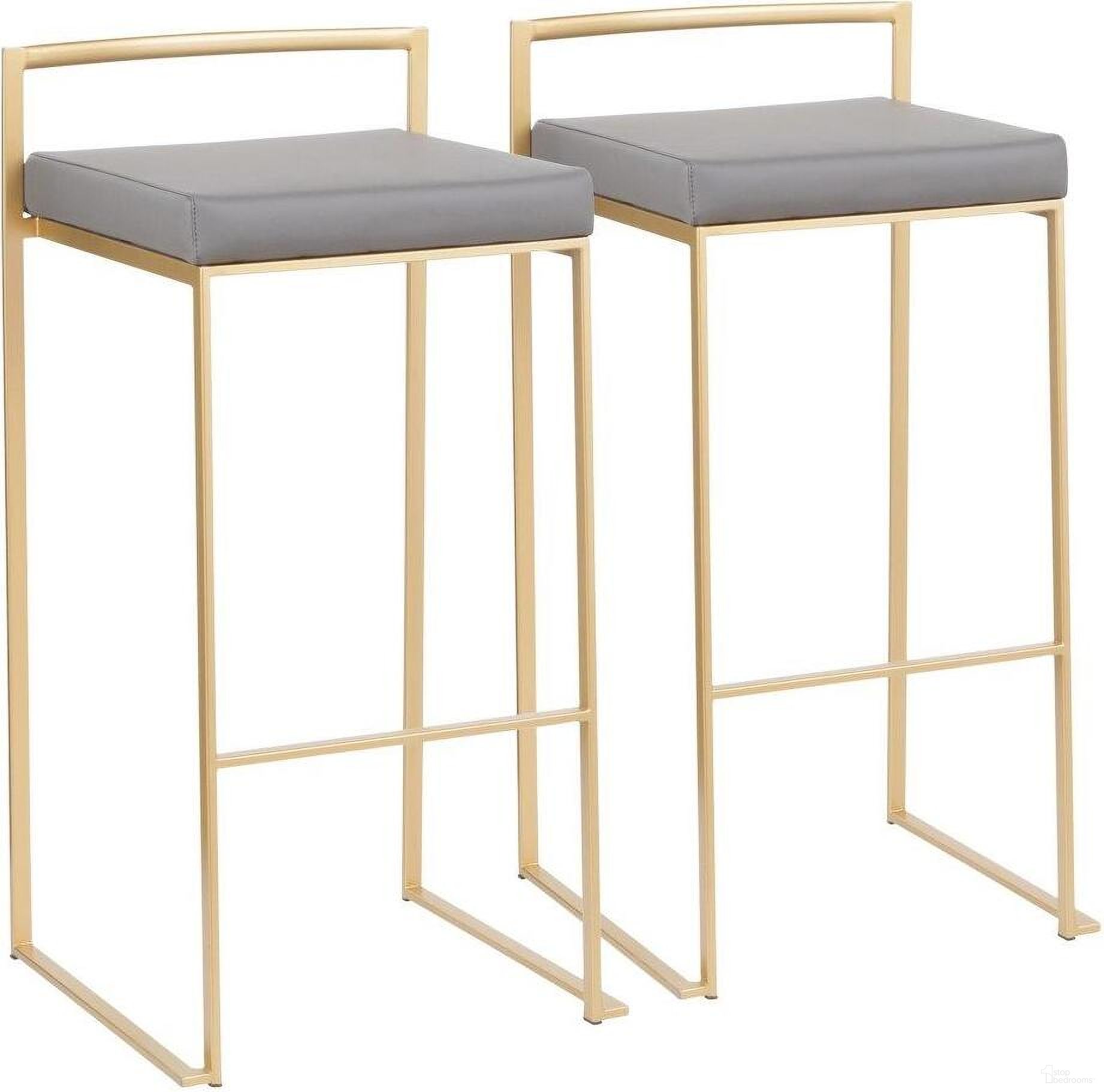 The appearance of Fuji Contemporary Barstool In Gold With Grey Faux Leather - Set Of 2 designed by Lumisource in the modern / contemporary interior design. This grey piece of furniture  was selected by 1StopBedrooms from Fuji Collection to add a touch of cosiness and style into your home. Sku: B30-FUJI AUGY2. Material: PU.