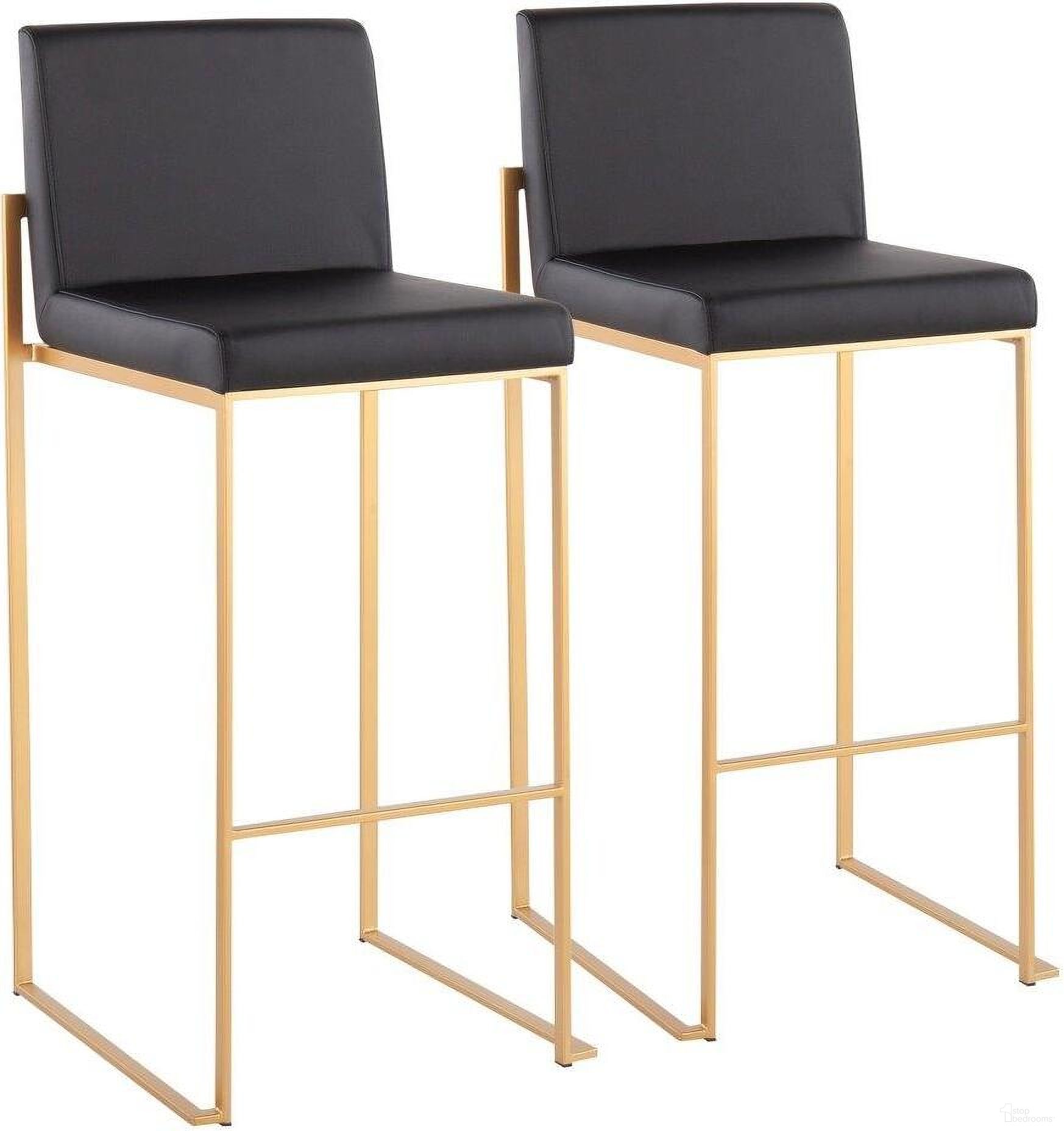 The appearance of Fuji Contemporary High Back Barstool In Gold Steel And Black Faux Leather - Set Of 2 designed by Lumisource in the modern / contemporary interior design. This black piece of furniture was selected by 1StopBedrooms from Fuji Collection to add a touch of cosiness and style into your home. Sku: B30-FUJIHB AUBK2. Material: PU.