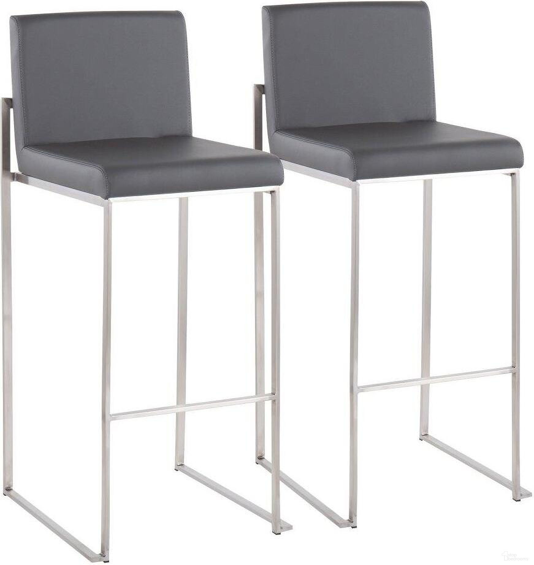 Fuji Contemporary High Back Barstool In Stainless Steel And Grey Faux Leather - Set Of 2