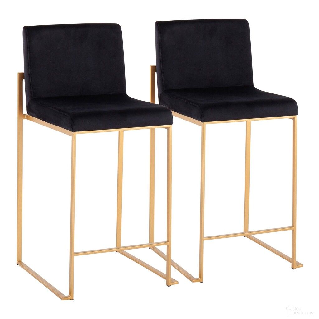 The appearance of Fuji High Back Counter Stool Set of 2 In Gold/Black designed by Lumisource in the modern / contemporary interior design. This gold/black piece of furniture was selected by 1StopBedrooms from Fuji Collection to add a touch of cosiness and style into your home. Sku: B26-FUJIHB AUVBK2. Material: Velvet.