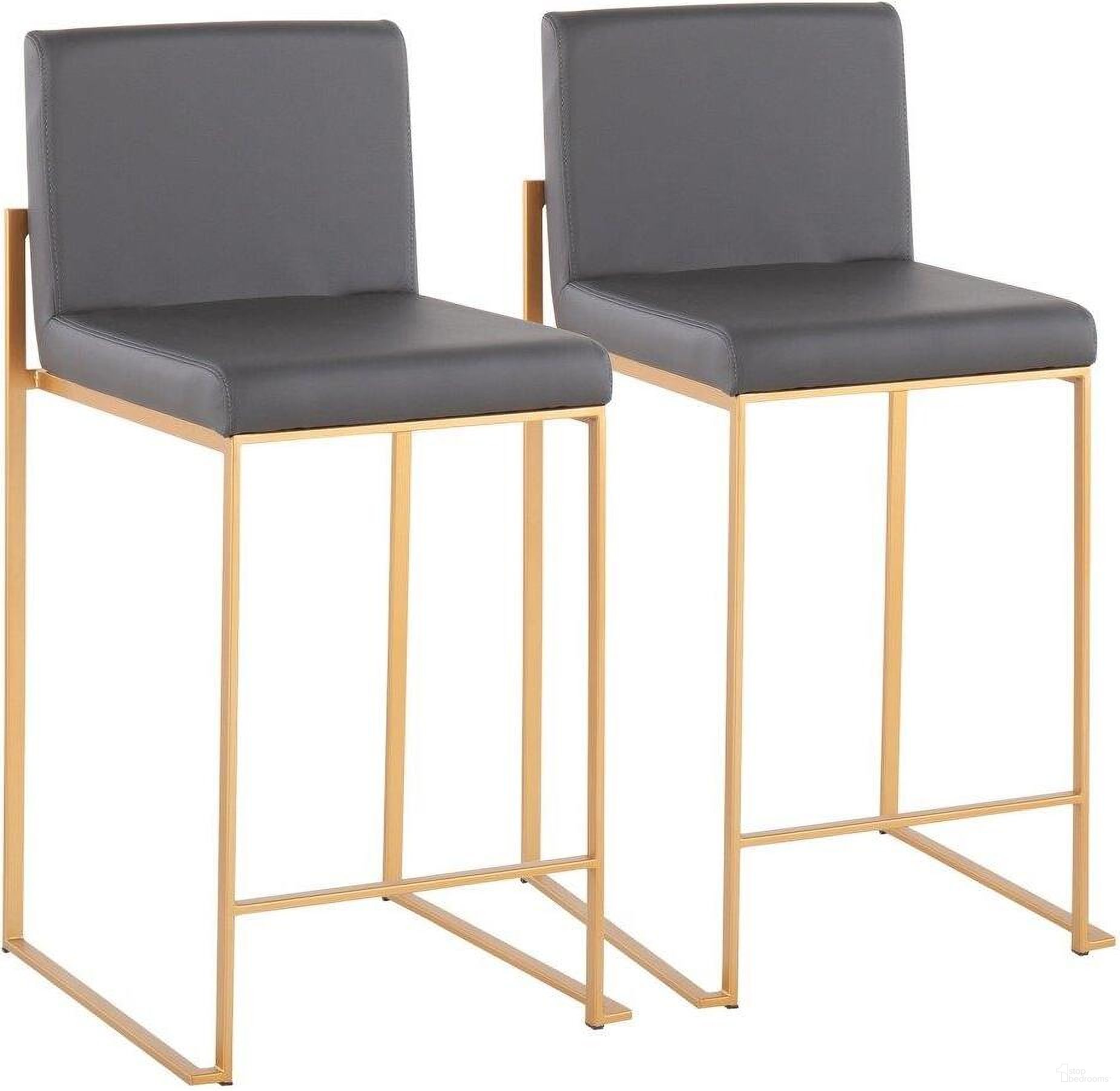 The appearance of Fuji Contemporary High Back Counter Stool In Gold Steel And Grey Faux Leather - Set Of 2 designed by Lumisource in the modern / contemporary interior design. This grey faux leather piece of furniture  was selected by 1StopBedrooms from Fuji Collection to add a touch of cosiness and style into your home. Sku: B26-FUJIHB AUGY2. Material: PU.