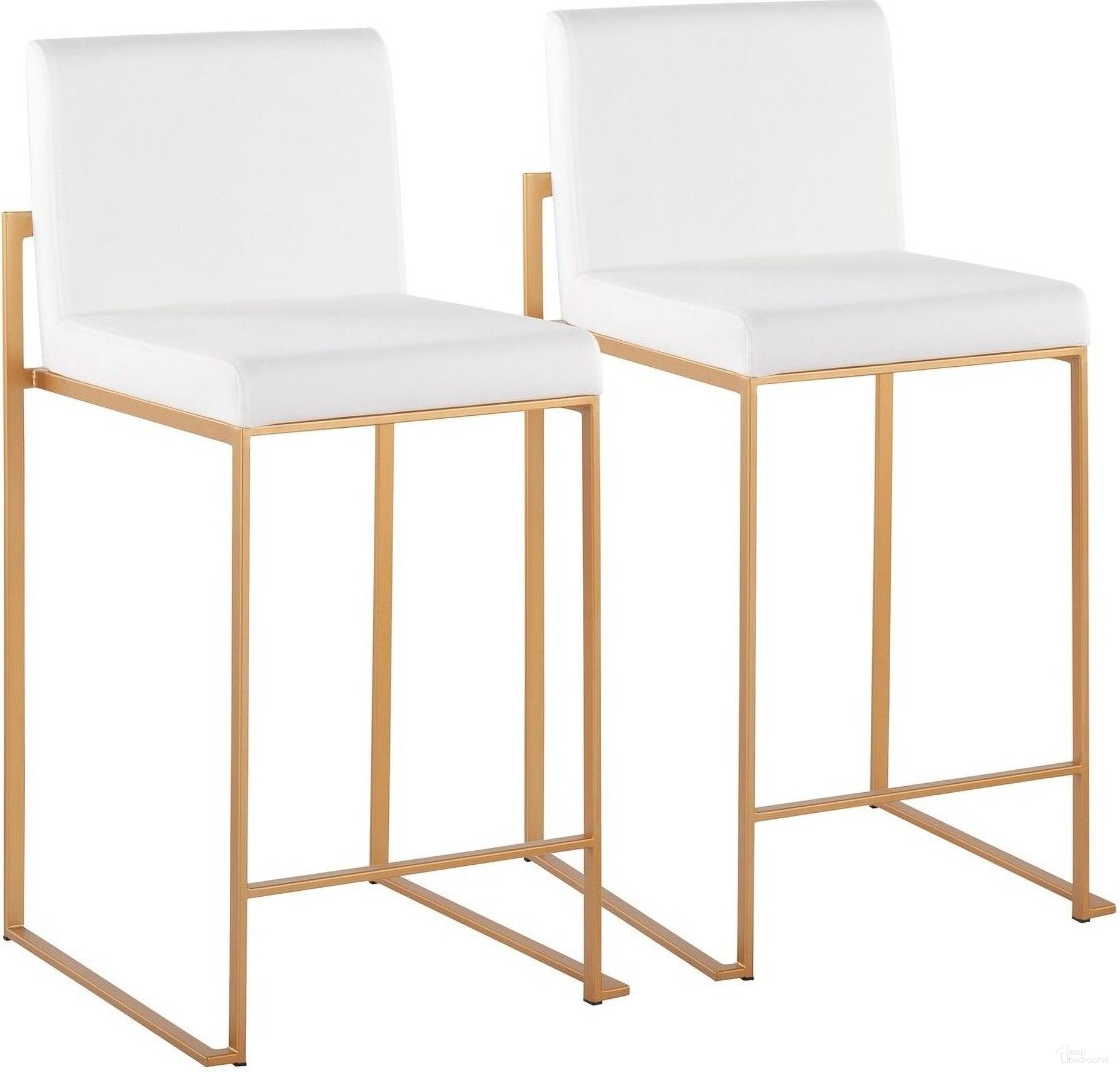 The appearance of Fuji High Back Counter Stool Set of 2 In White/Gold designed by Lumisource in the modern / contemporary interior design. This white piece of furniture  was selected by 1StopBedrooms from Fuji Collection to add a touch of cosiness and style into your home. Sku: B26-FUJIHB AUVW2. Material: Velvet.