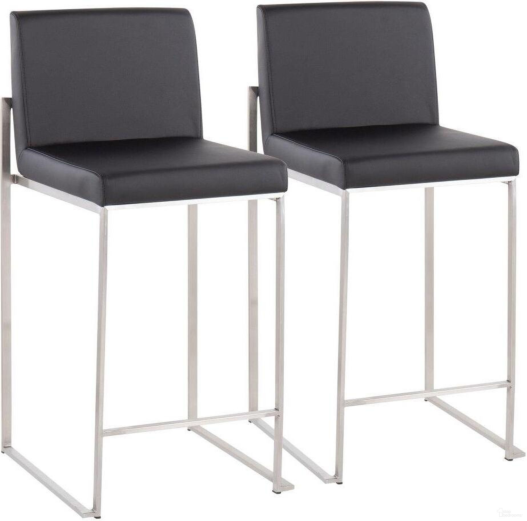 The appearance of Fuji Contemporary High Back Counter Stool In Stainless Steel And Black Faux Leather - Set Of 2 designed by Lumisource in the modern / contemporary interior design. This black piece of furniture was selected by 1StopBedrooms from Fuji Collection to add a touch of cosiness and style into your home. Sku: B26-FUJIHB SSBK2. Material: PU.