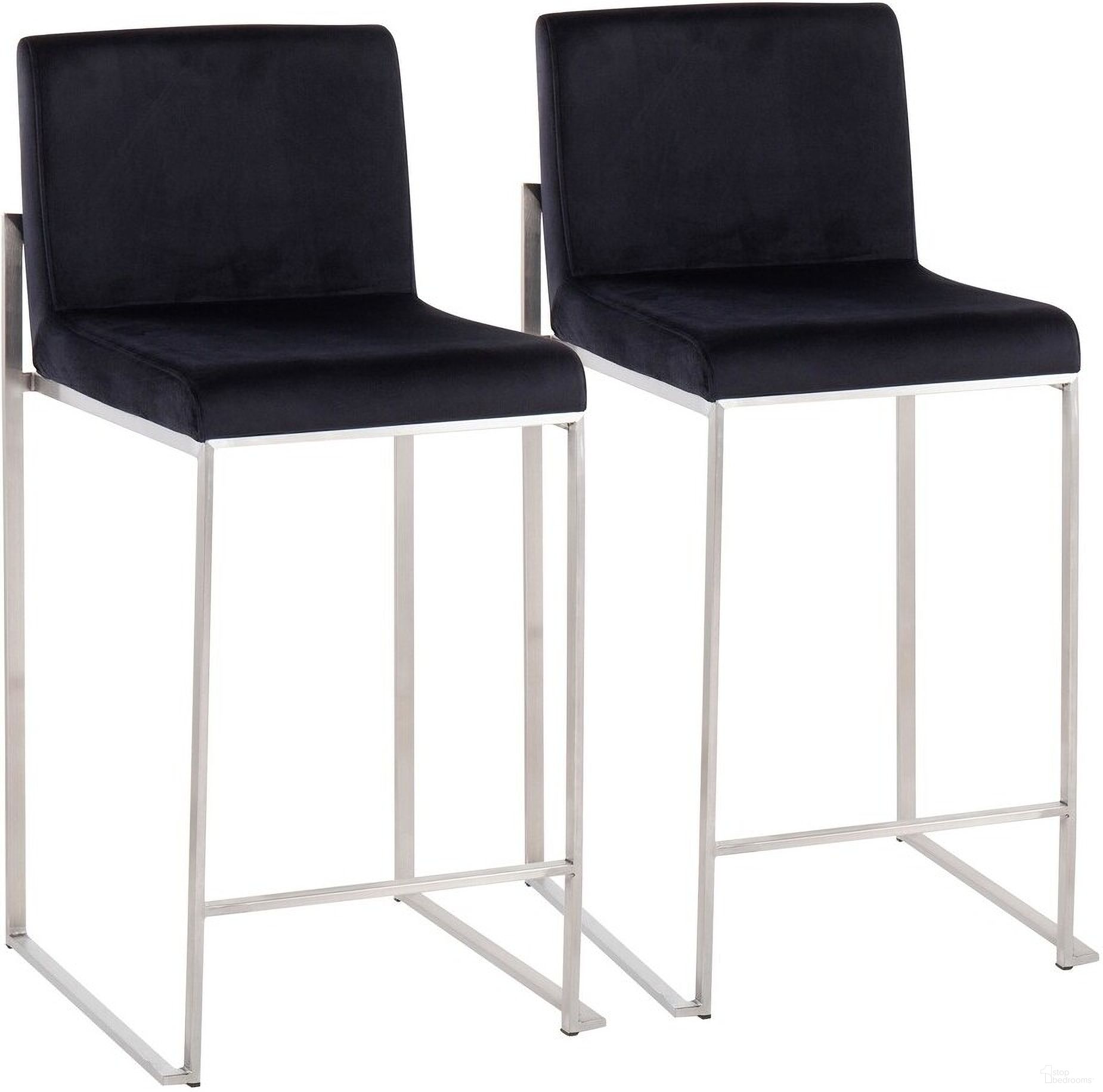 The appearance of Fuji High Back Counter Stool Set of 2 In Black/Silver designed by Lumisource in the modern / contemporary interior design. This black/silver piece of furniture was selected by 1StopBedrooms from Fuji Collection to add a touch of cosiness and style into your home. Sku: B26-FUJIHB SSVBK2. Material: Velvet.