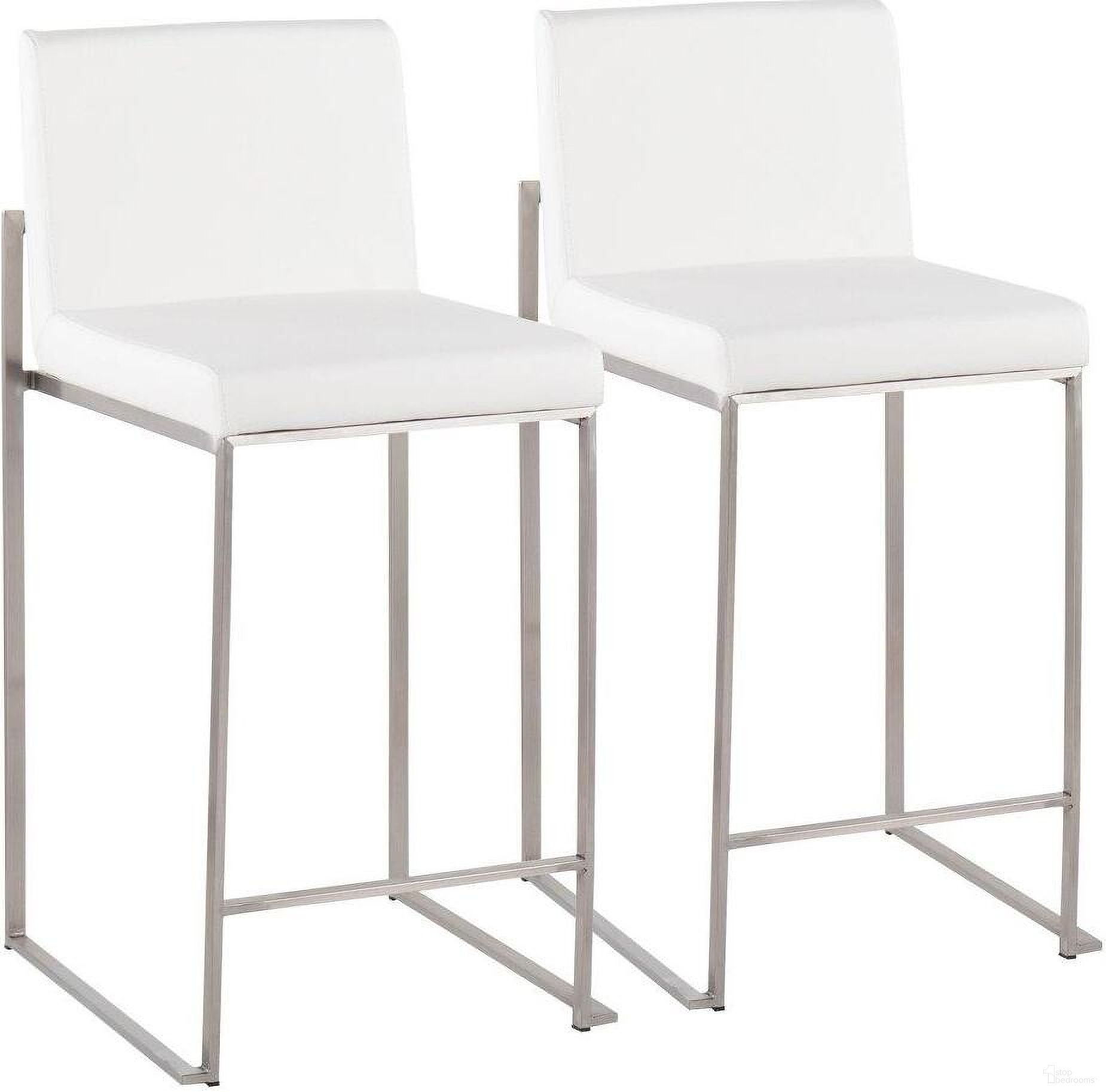 The appearance of Fuji Contemporary High Back Counter Stool In Stainless Steel And White Faux Leather - Set Of 2 designed by Lumisource in the modern / contemporary interior design. This white faux leather piece of furniture was selected by 1StopBedrooms from Fuji Collection to add a touch of cosiness and style into your home. Sku: B26-FUJIHB SSW2. Material: PU.