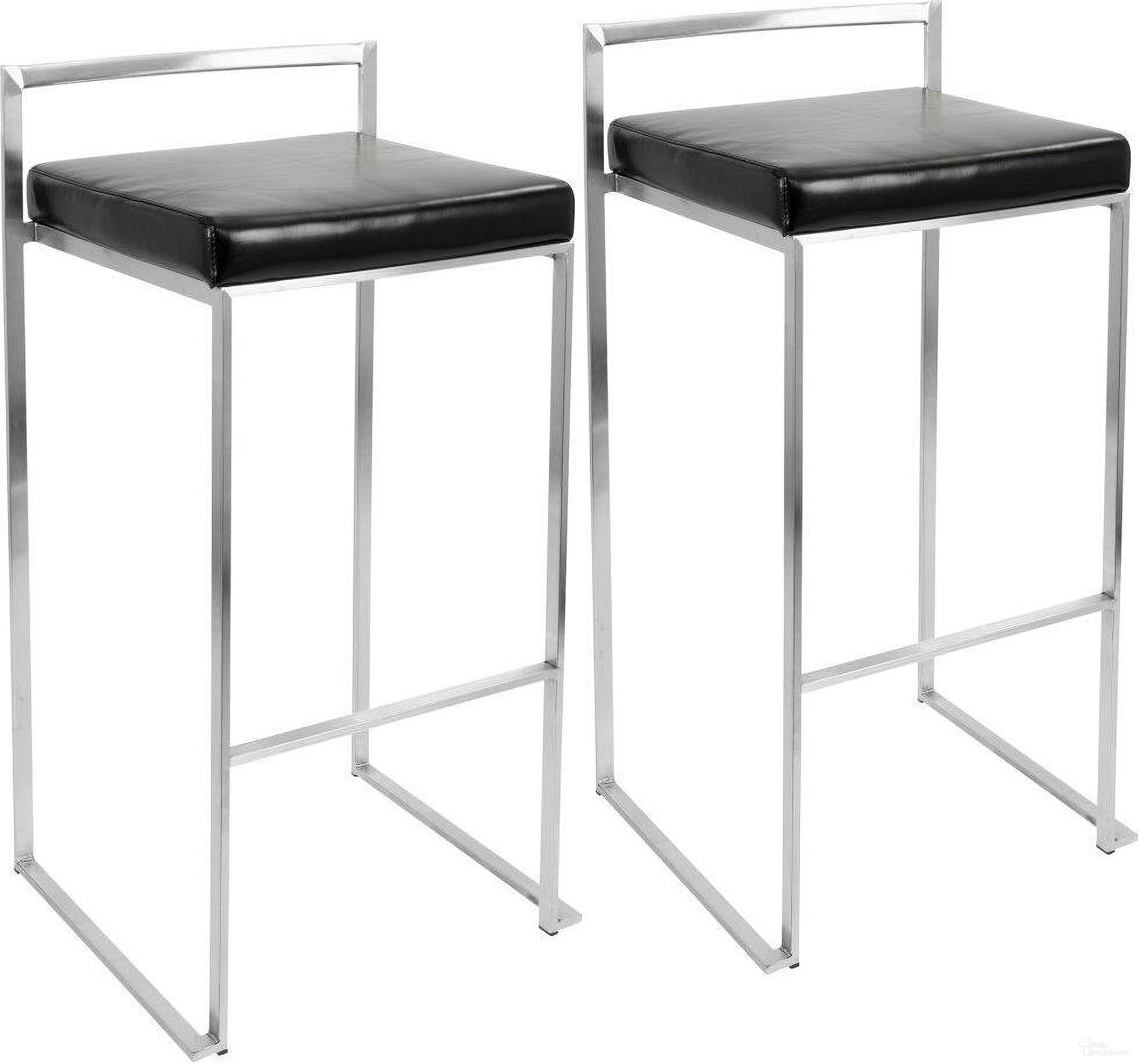 The appearance of Fuji Contemporary Stackable Barstool With Black Faux Leather - Set Of 2 designed by Lumisource in the modern / contemporary interior design. This black piece of furniture  was selected by 1StopBedrooms from Fuji Collection to add a touch of cosiness and style into your home. Sku: BS-FUJI BK2. Material: Metal.