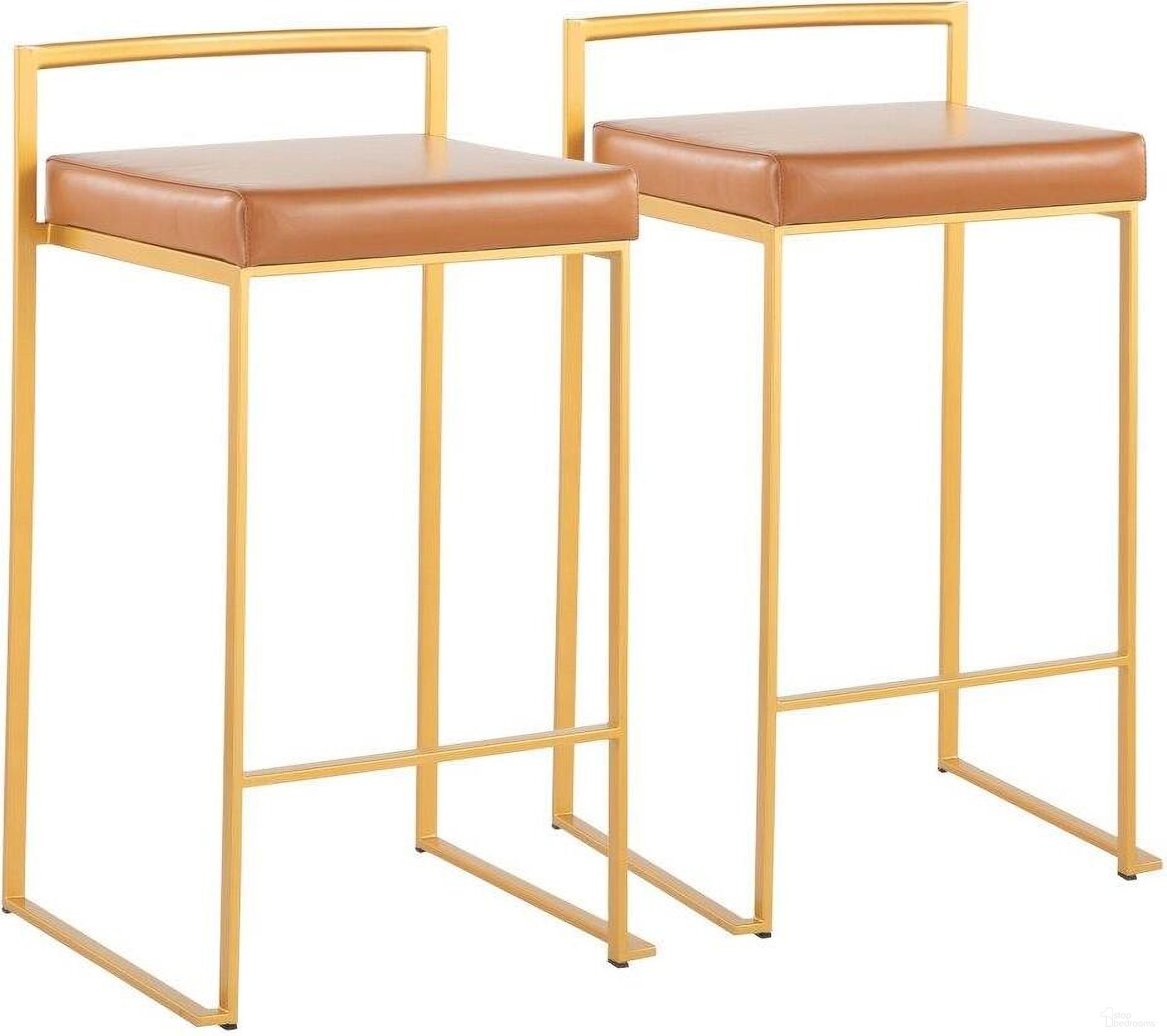 The appearance of Fuji Contemporary Stackable Counter Stool In Gold With Camel Faux Leather Cushion - Set Of 2 designed by Lumisource in the modern / contemporary interior design. This white faux leather piece of furniture  was selected by 1StopBedrooms from Fuji Collection to add a touch of cosiness and style into your home. Sku: B26-FUJI AUCAM2. Material: PU.