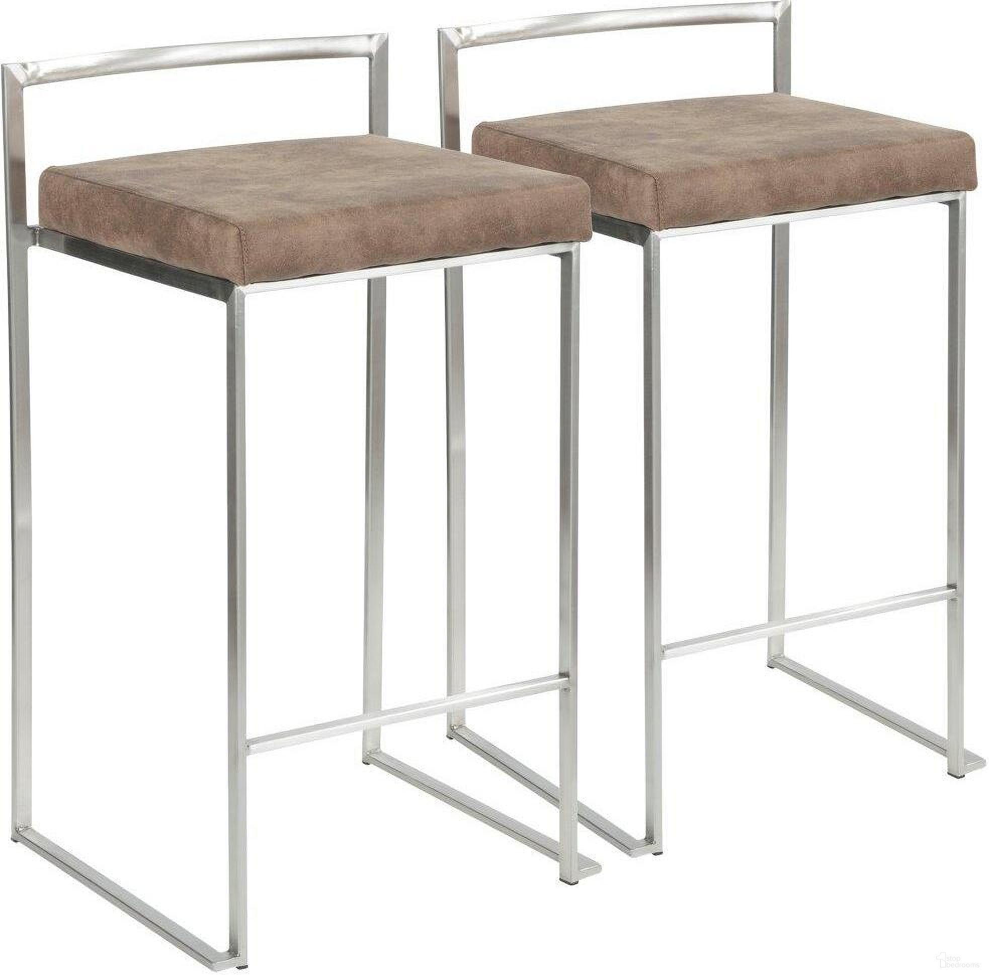 The appearance of Fuji Contemporary Stackable Counter Stool In Stainless Steel With Brown Cowboy Fabric Cushion - Set Of 2 designed by Lumisource in the modern / contemporary interior design. This gold/black piece of furniture was selected by 1StopBedrooms from Fuji Collection to add a touch of cosiness and style into your home. Sku: B26-FUJI FBN2. Material: Metal.