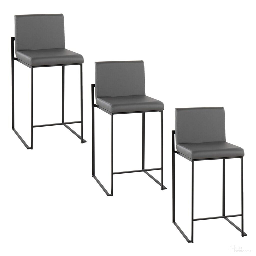 Fuji High Back 26 Inch Fixed Height Counter Stool Set of 3 In Black and Grey
