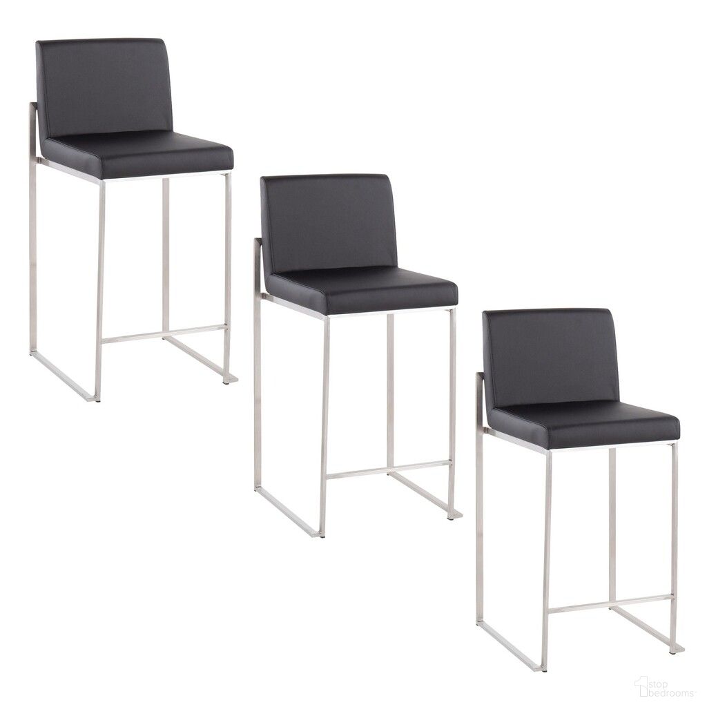 The appearance of Fuji High Back 26 Inch Fixed Height Counter Stool Set of 3 In Black and Stainless Steel designed by Lumisource in the modern / contemporary interior design. This grey faux leather piece of furniture was selected by 1StopBedrooms from Fuji Collection to add a touch of cosiness and style into your home. Sku: B26-FUJIHBPU SSBK3. Material: Stainless Steel.