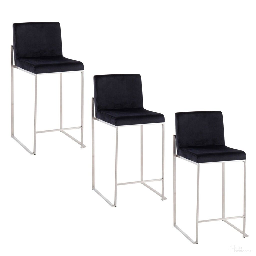 The appearance of Fuji High Back 26 Inch Fixed Height Counter Stool Set of 3 In Black and Stainless Steel designed by Lumisource in the modern / contemporary interior design. This black velvet piece of furniture was selected by 1StopBedrooms from Fuji Collection to add a touch of cosiness and style into your home. Sku: B26-FUJIHBV SSBK3. Material: Stainless Steel.