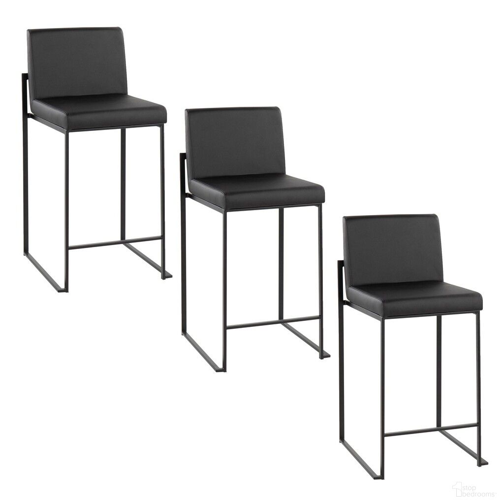 Fuji High Back 26 Inch Fixed Height Counter Stool Set of 3 In Black