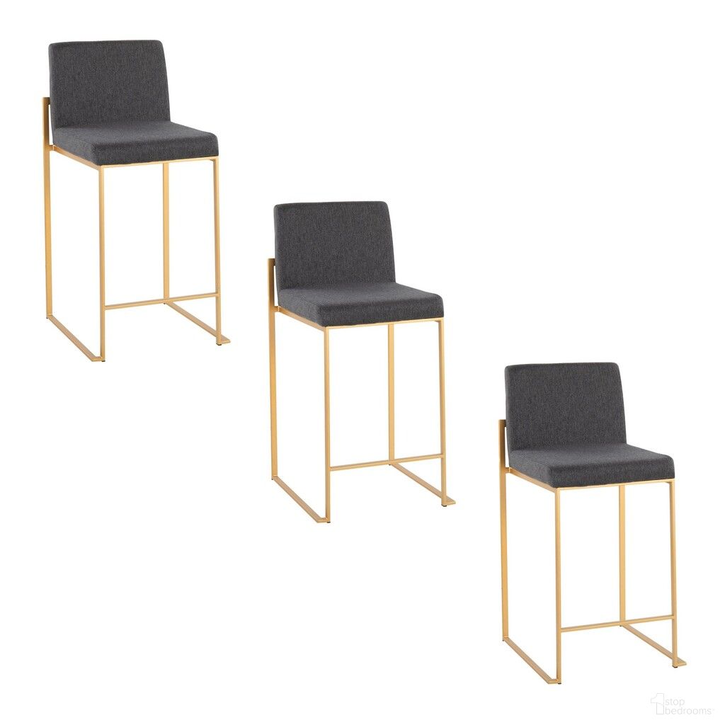Fuji High Back 26 Inch Fixed Height Counter Stool Set of 3 In Charcoal and Gold