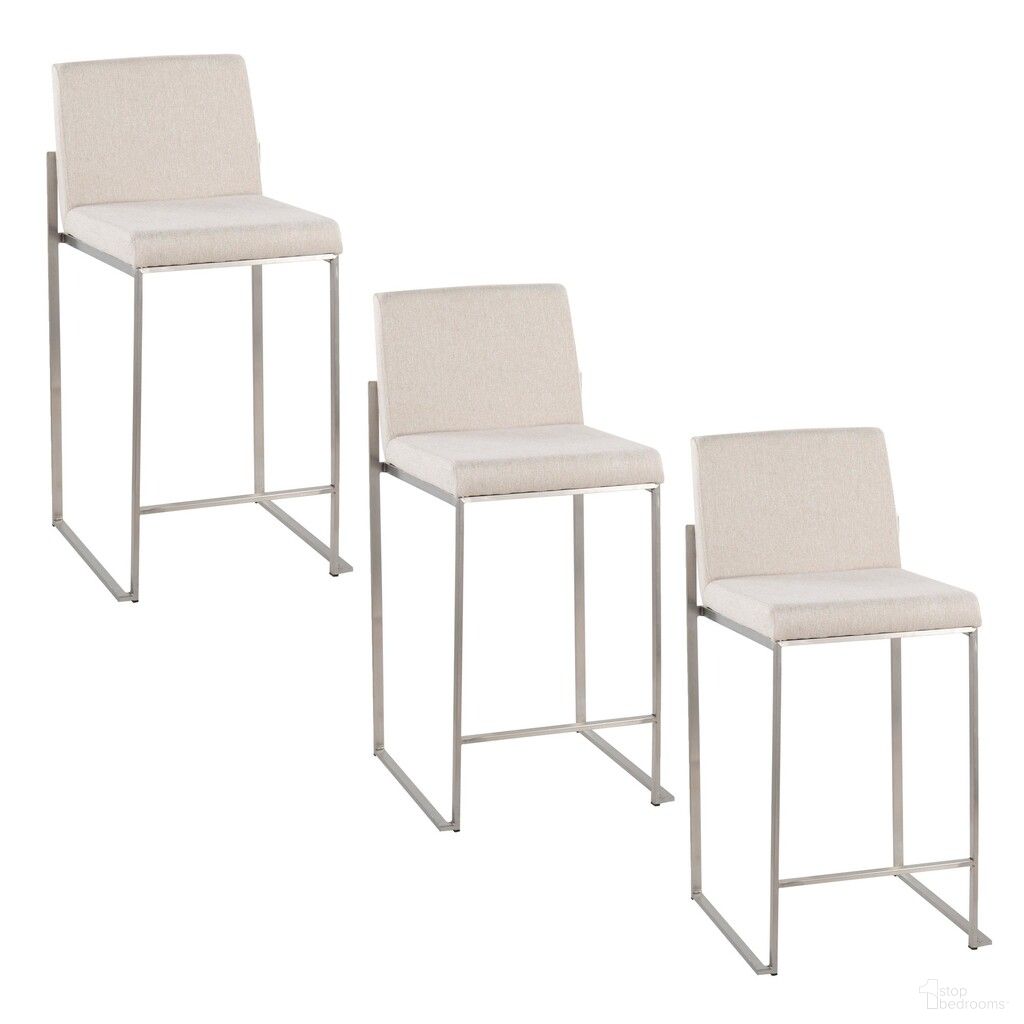 Fuji High Back 26 Inch Fixed Height Counter Stool Set of 3 In Stainless Steel and Beige
