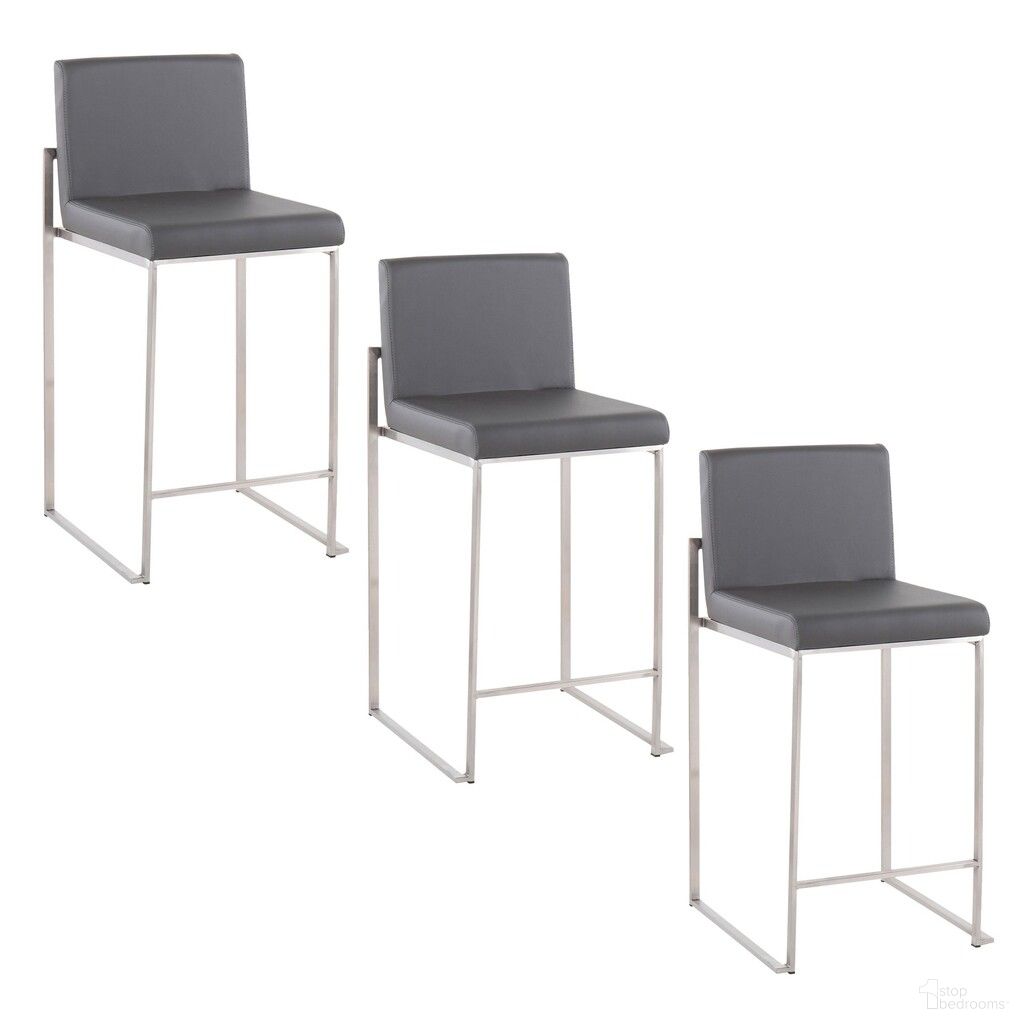 Fuji High Back 26 Inch Fixed Height Counter Stool Set of 3 In Stainless Steel and Grey