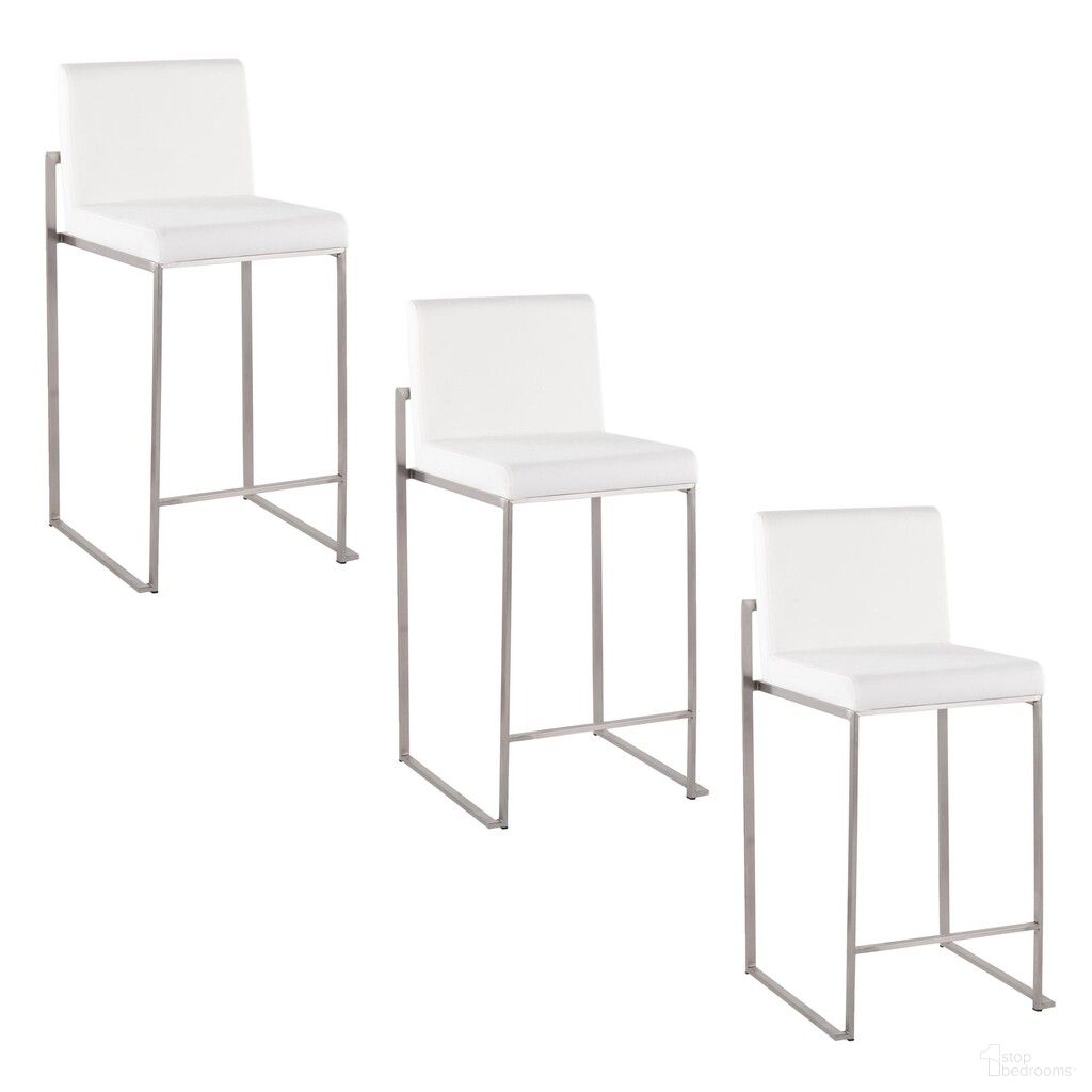 The appearance of Fuji High Back 26 Inch Fixed Height Counter Stool Set of 3 In White and Stainless Steel designed by Lumisource in the modern / contemporary interior design. This white velvet piece of furniture was selected by 1StopBedrooms from Fuji Collection to add a touch of cosiness and style into your home. Sku: B26-FUJIHBV SSW3. Material: Stainless Steel.